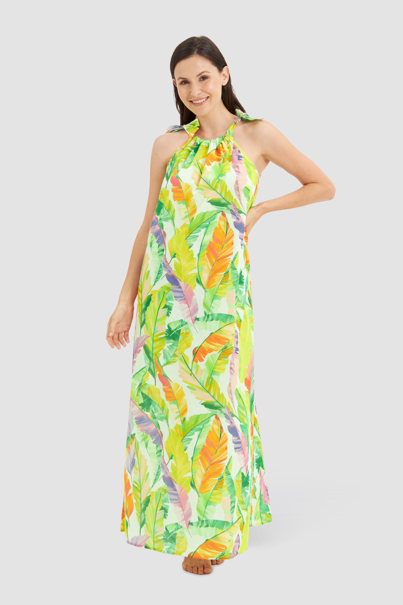 Rösch Beach Dress on model in Green Leaves