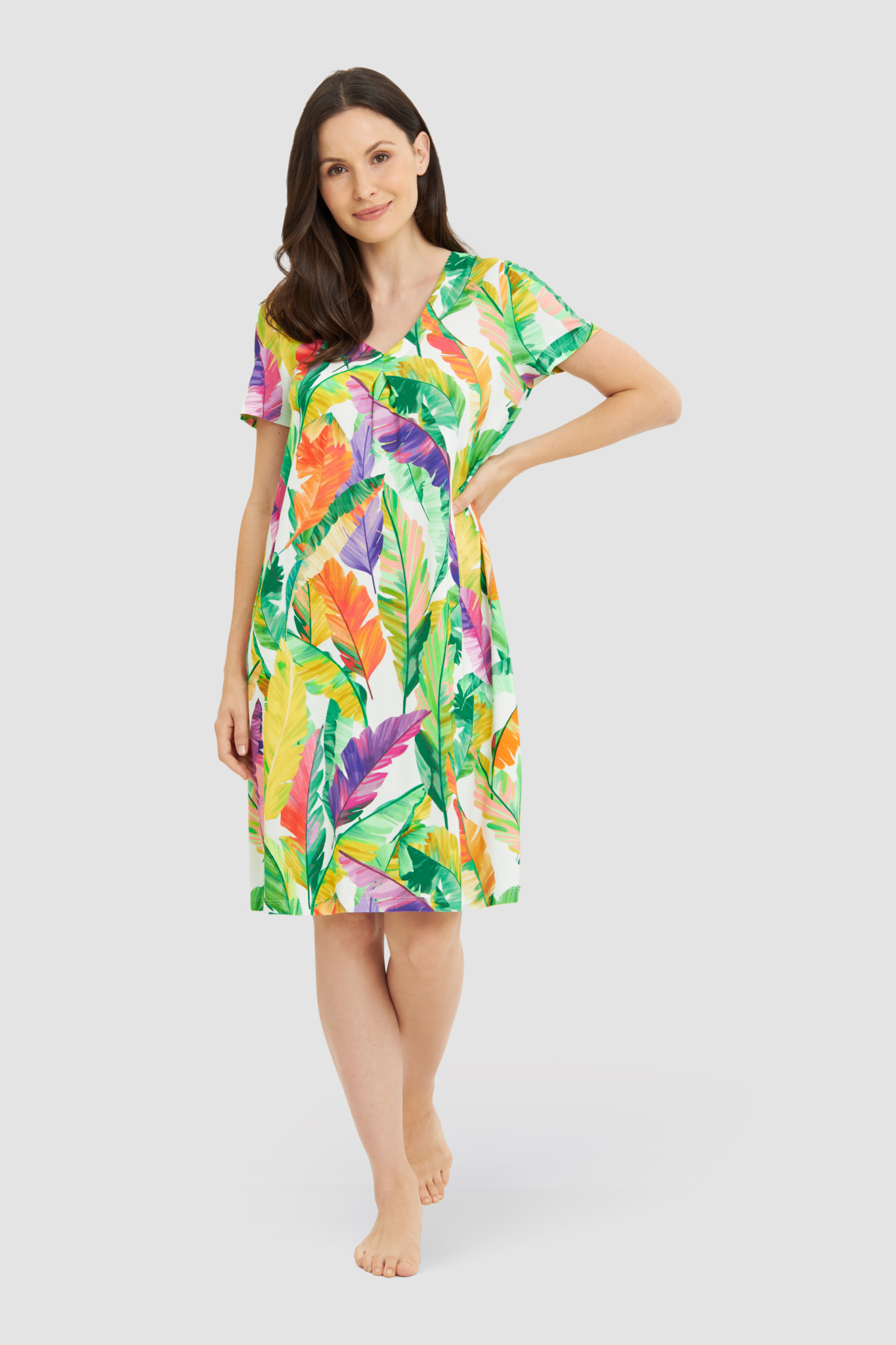 Rösch Beach Dress on model in Green Leaves