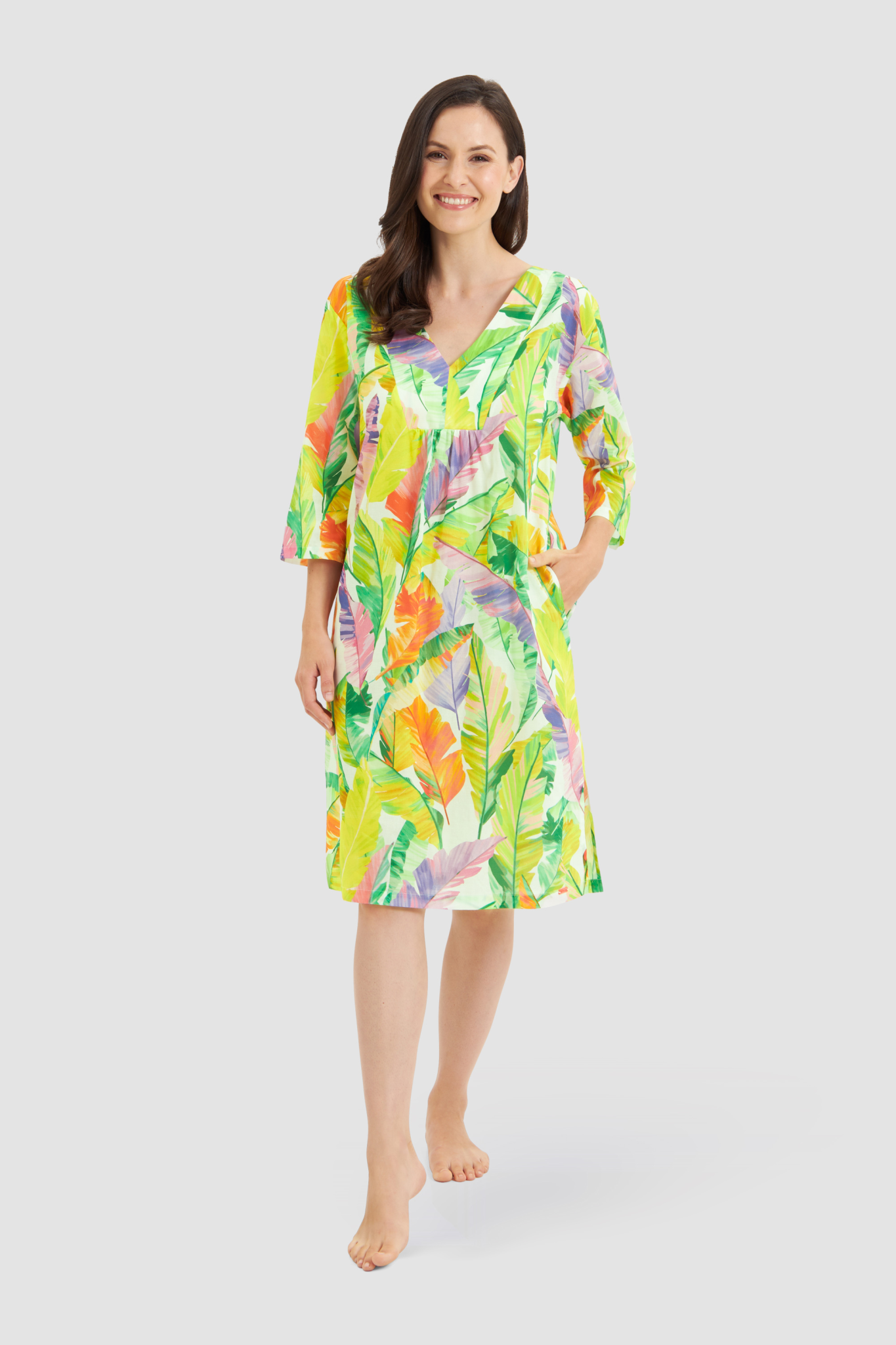 Rösch Beach Dress on model in Green Leaves