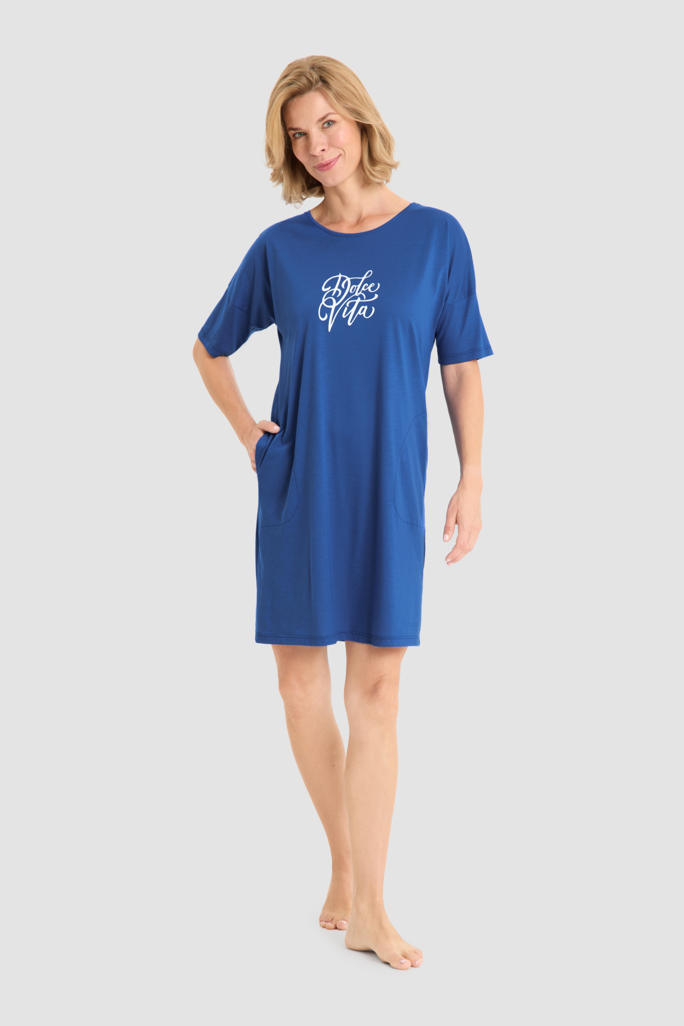 Rösch Nightgown on model in Sapphire Blue