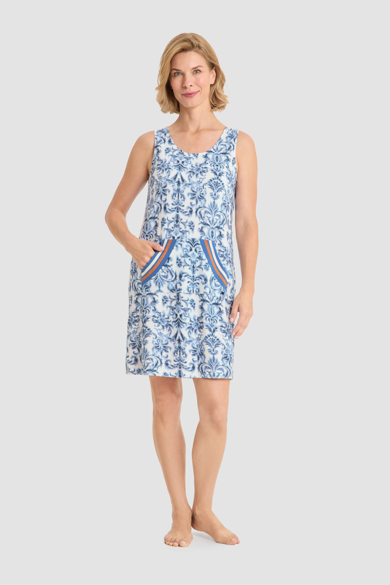 Rösch Beach Dress on model in Blue Ornamental