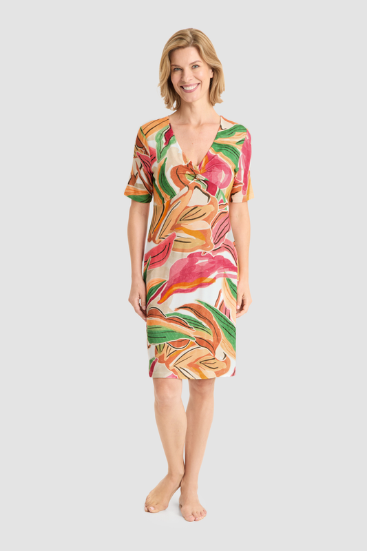 Rösch Beach Dress on model in Multicolor Leaves