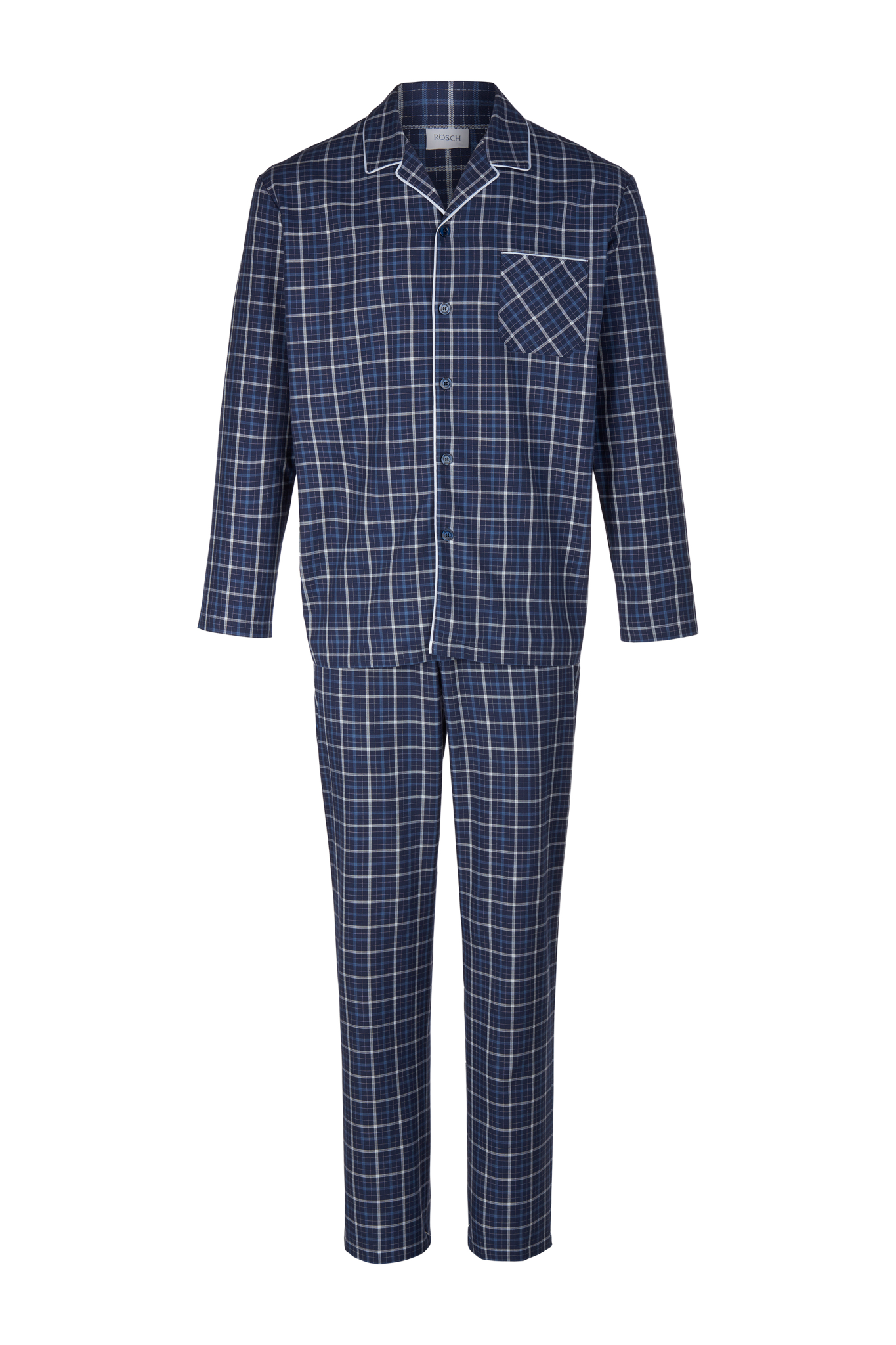 Rösch Pyjamas front view in Navy Check