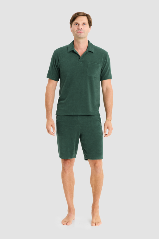Rösch Lounge Top on model in Bottle Green