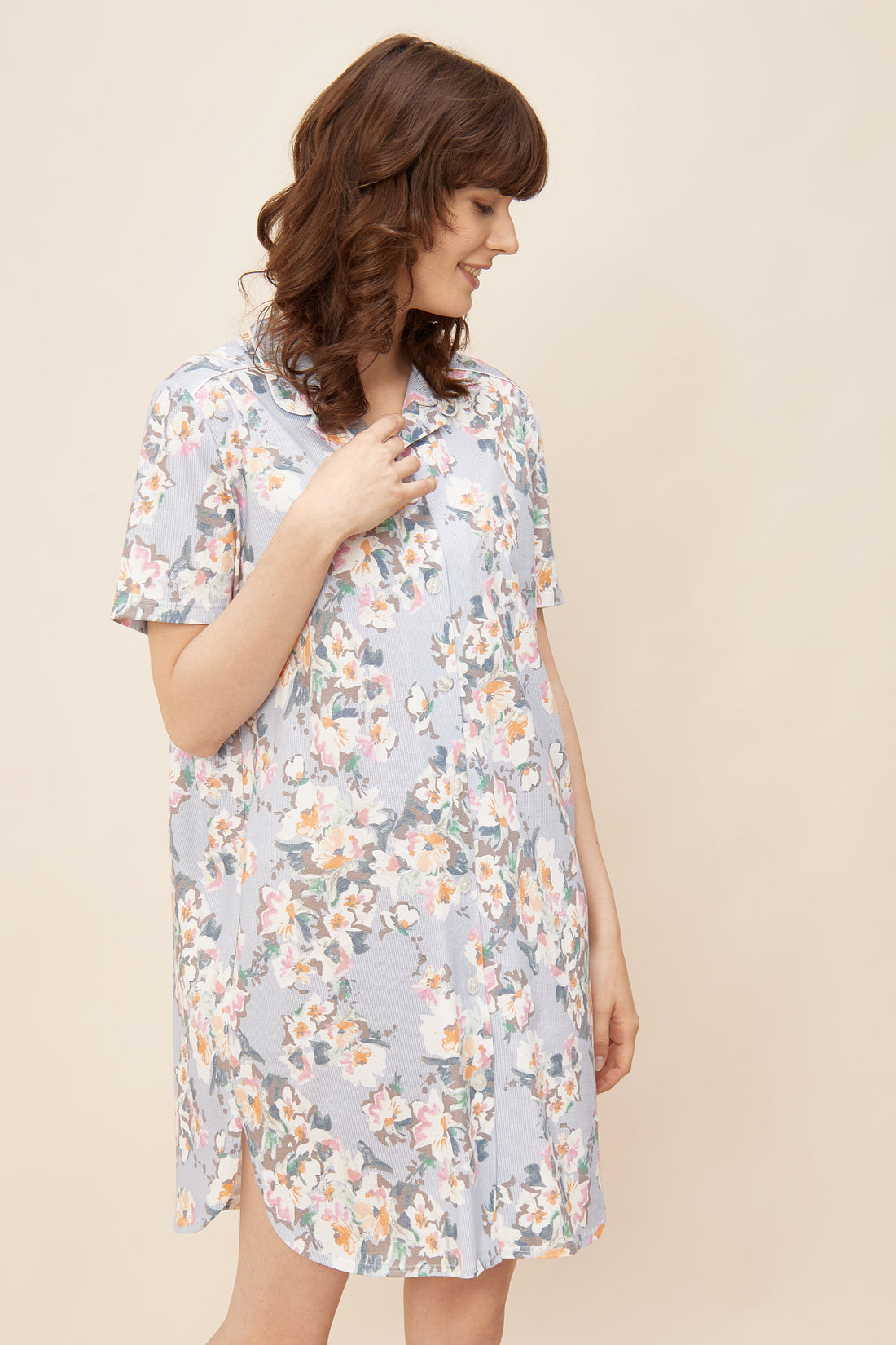 Feraud Night Dress, 1/2 Sleeve, Lapel Collar, Button-Thr (3221078) Flower Stripe