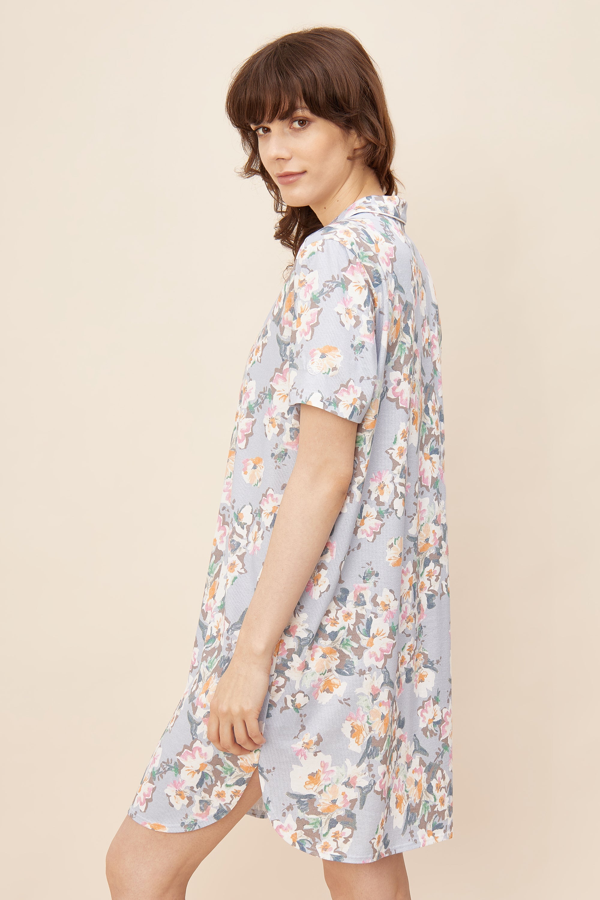 Feraud Night Dress, 1/2 Sleeve, Lapel Collar, Button-Thr (3221078) Flower Stripe