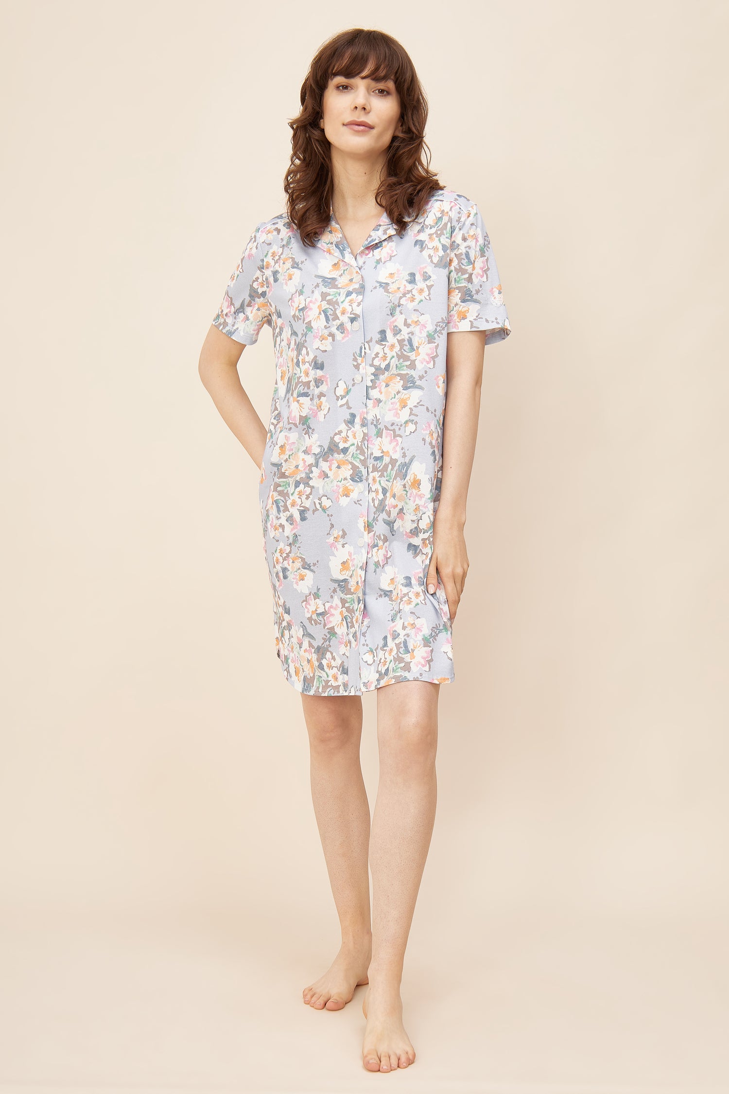Feraud Night Dress, 1/2 Sleeve, Lapel Collar, Button-Thr (3221078) Flower Stripe