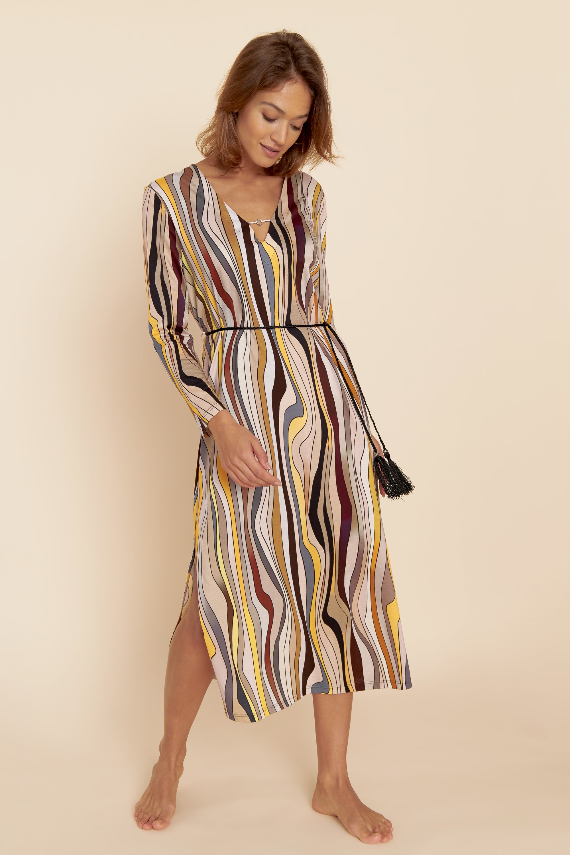 Feraud Night Dress, 1/1 Sleeve, V-Neck Colorful Stripe (3221132) Wild Waves