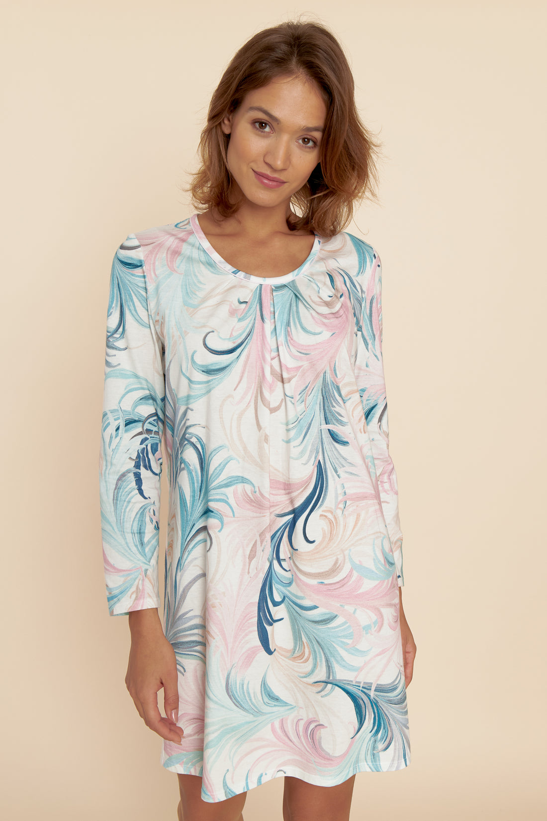 Feraud Night Dress, 1/1 Sleeve, Round Neck Print Feather (3221167) Feathers