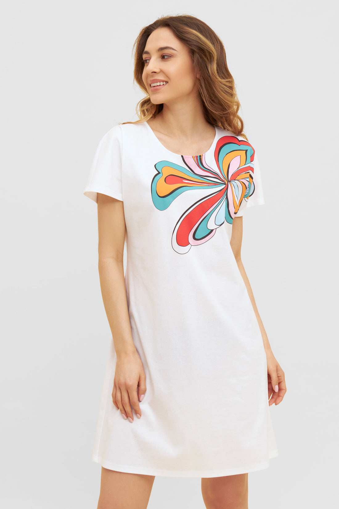 Feraud Night Dress, 1/2 Sleeve, Round Neck, Motiv Modern (3231133) White-Multicolor