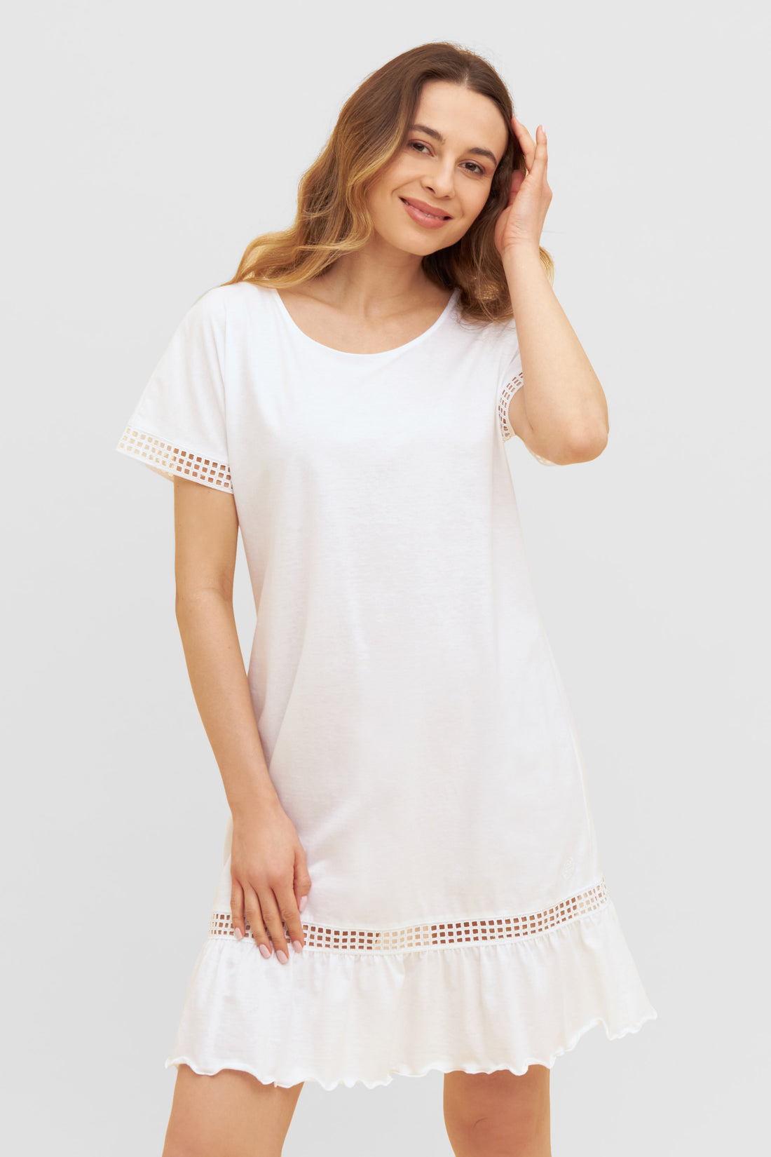 Feraud Night Dress, 1/2 Sleeve, Round Neck Graphic Volan (3231147) White