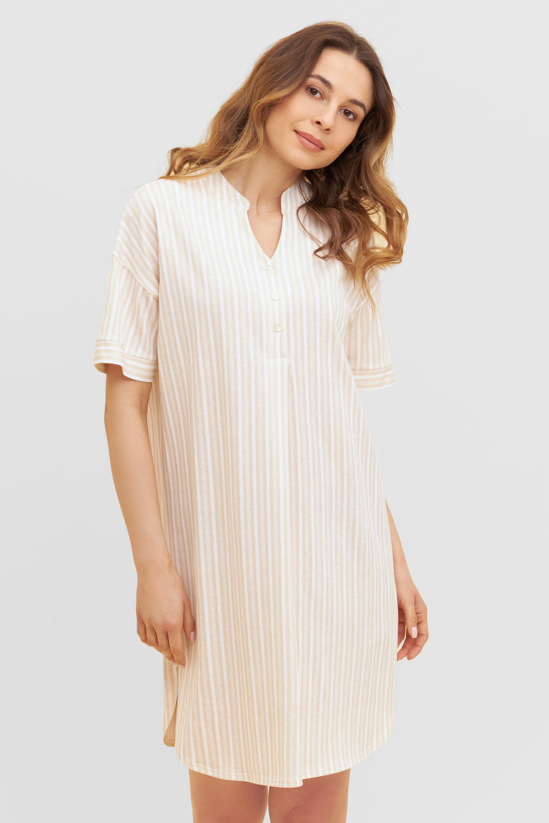 Feraud Night Dress, 1/2 Sleeve, Round Neck, Button Panel (3231162) Stripe