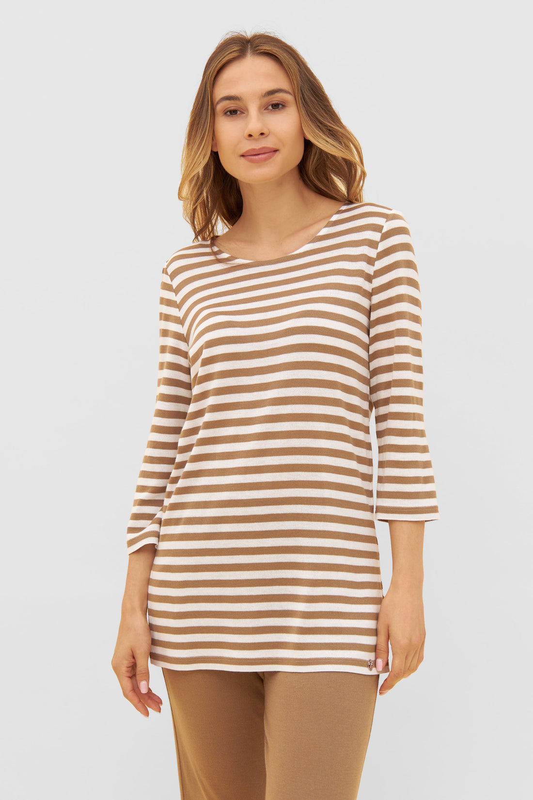 Feraud Shirt, 3/4 Sleeve, Round Neck Knit Ringl (3231176) White-Toffee