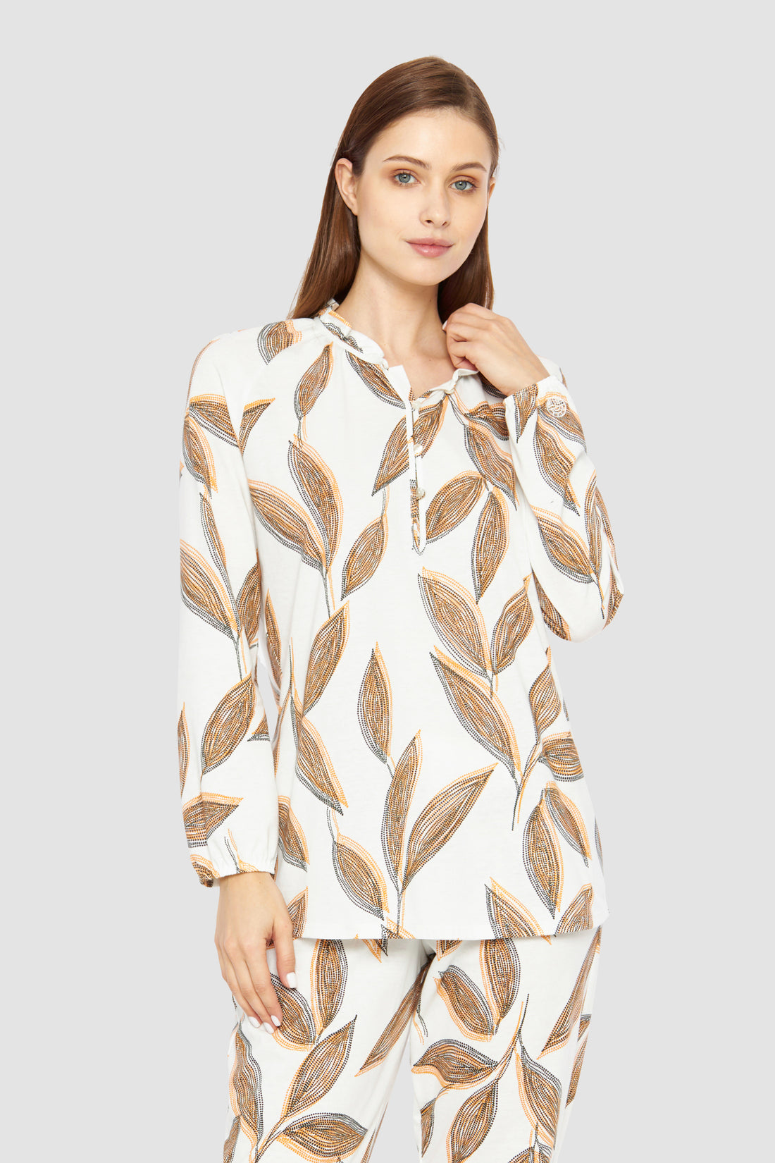 Feraud Pajama, 1/1 Sleeve, Pants 1/1, Button Panel, (3231270) Modern Leaves