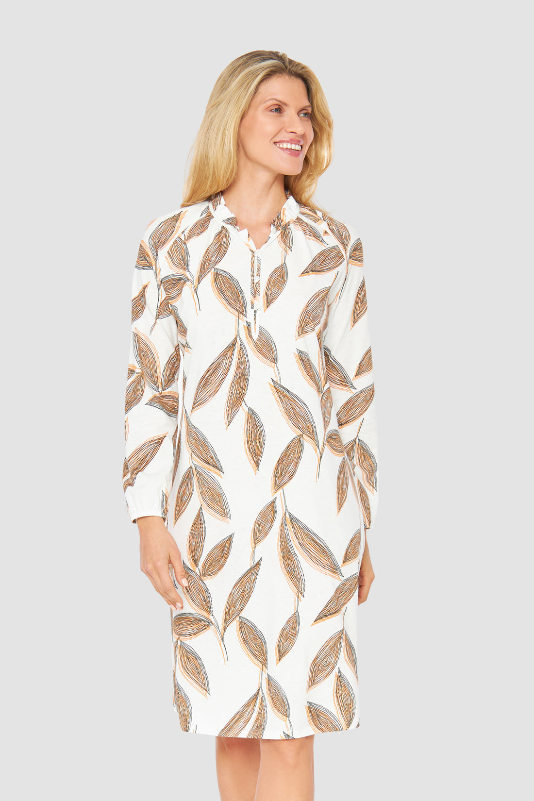 Feraud Night Dress, 1/1 Sleeve, Button Panel, Round Neck (3231271) Modern Leaves