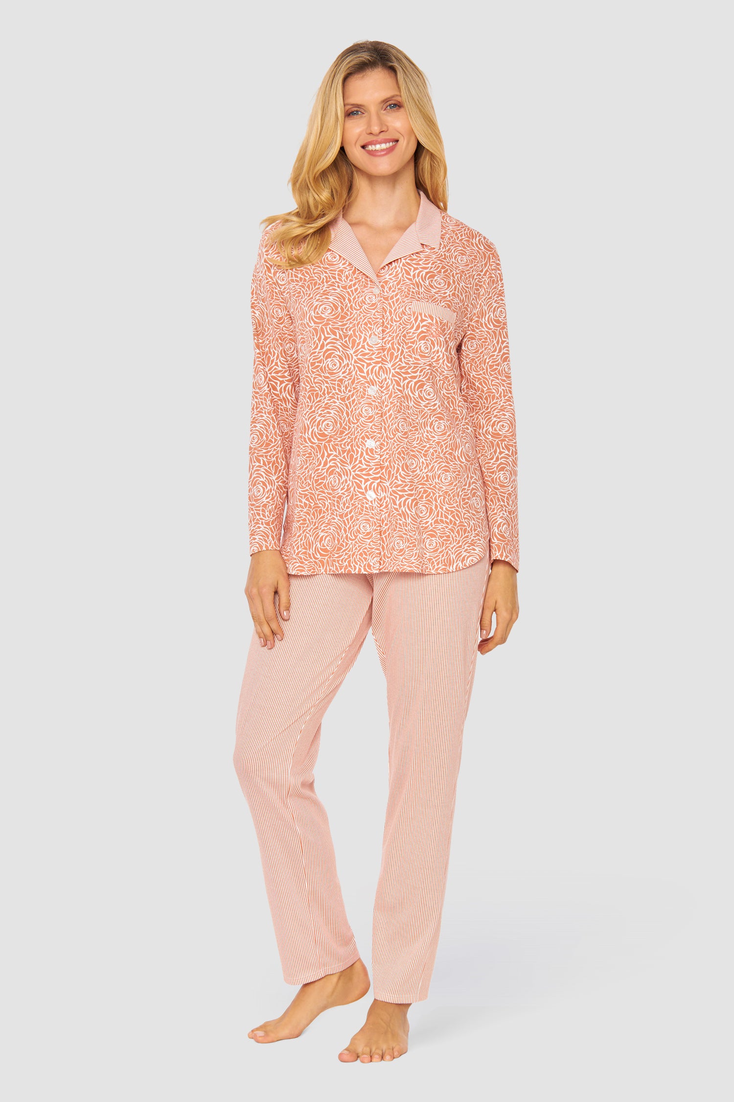 Feraud Pajama, 1/1 Sleeve, Pants 1/1, Lapel Collar, (3231314) Flower Stripe