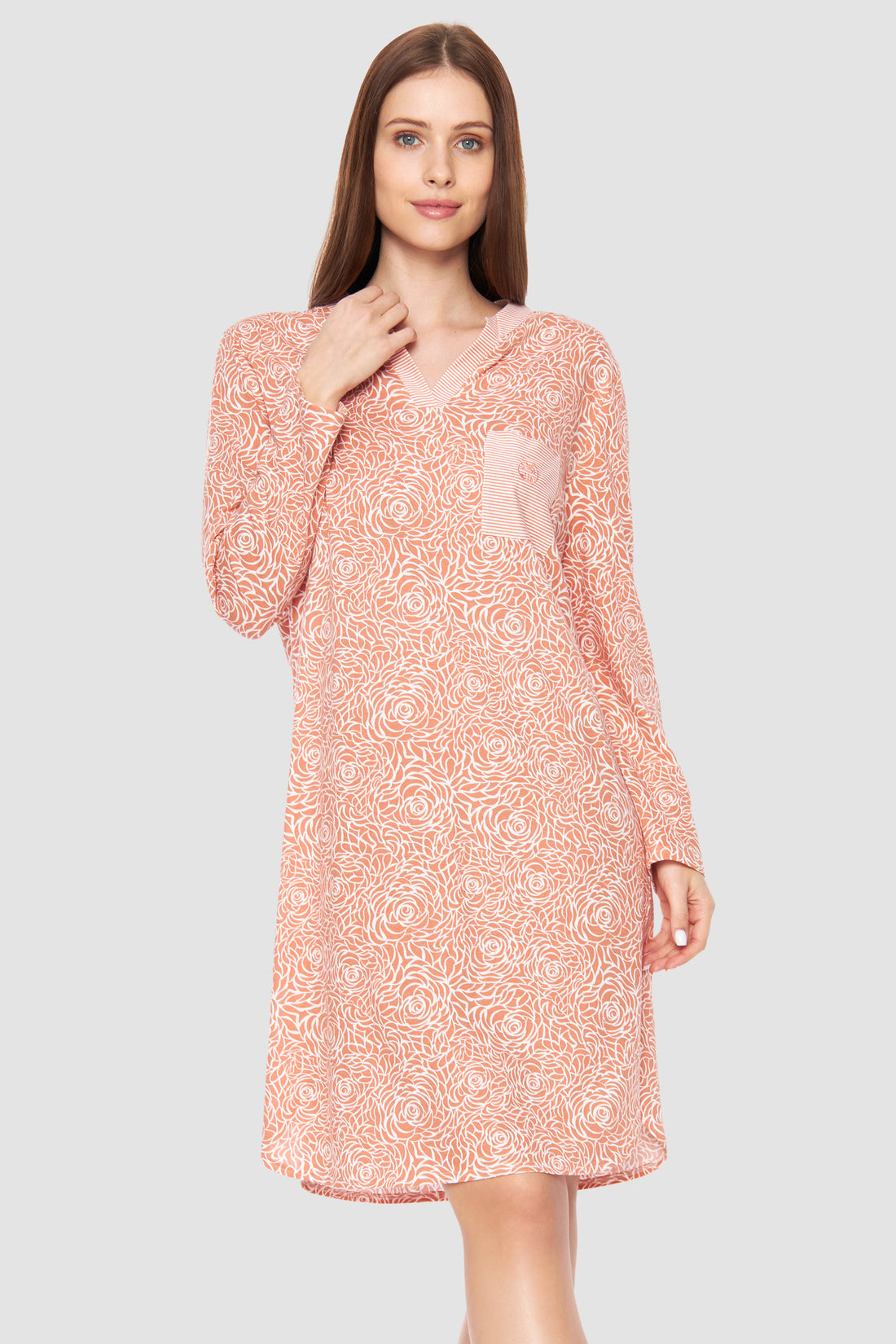 Feraud Night Dress, 1/1 Sleeve, Round Neck, Pocket Dessi (3231316) Flower Stripe