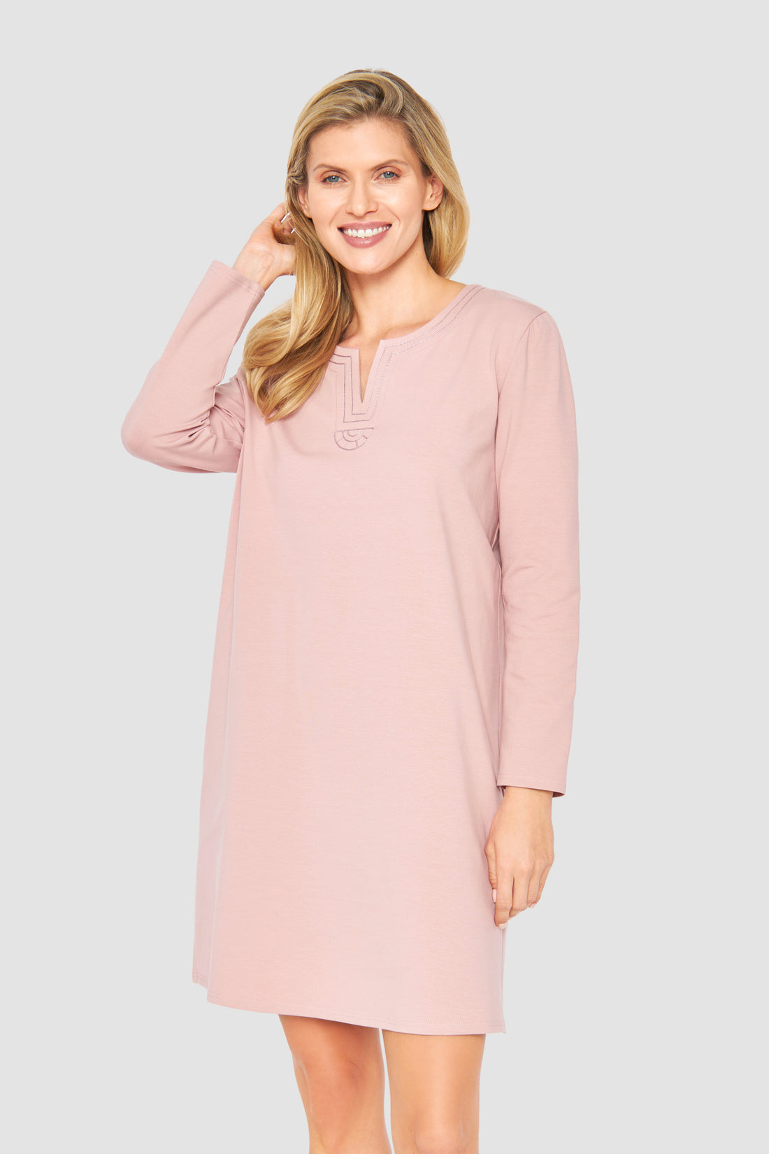 Feraud Night Dress, 1/1 Sleeve, Round Neck Half Logo (3231377) Dusty Rose