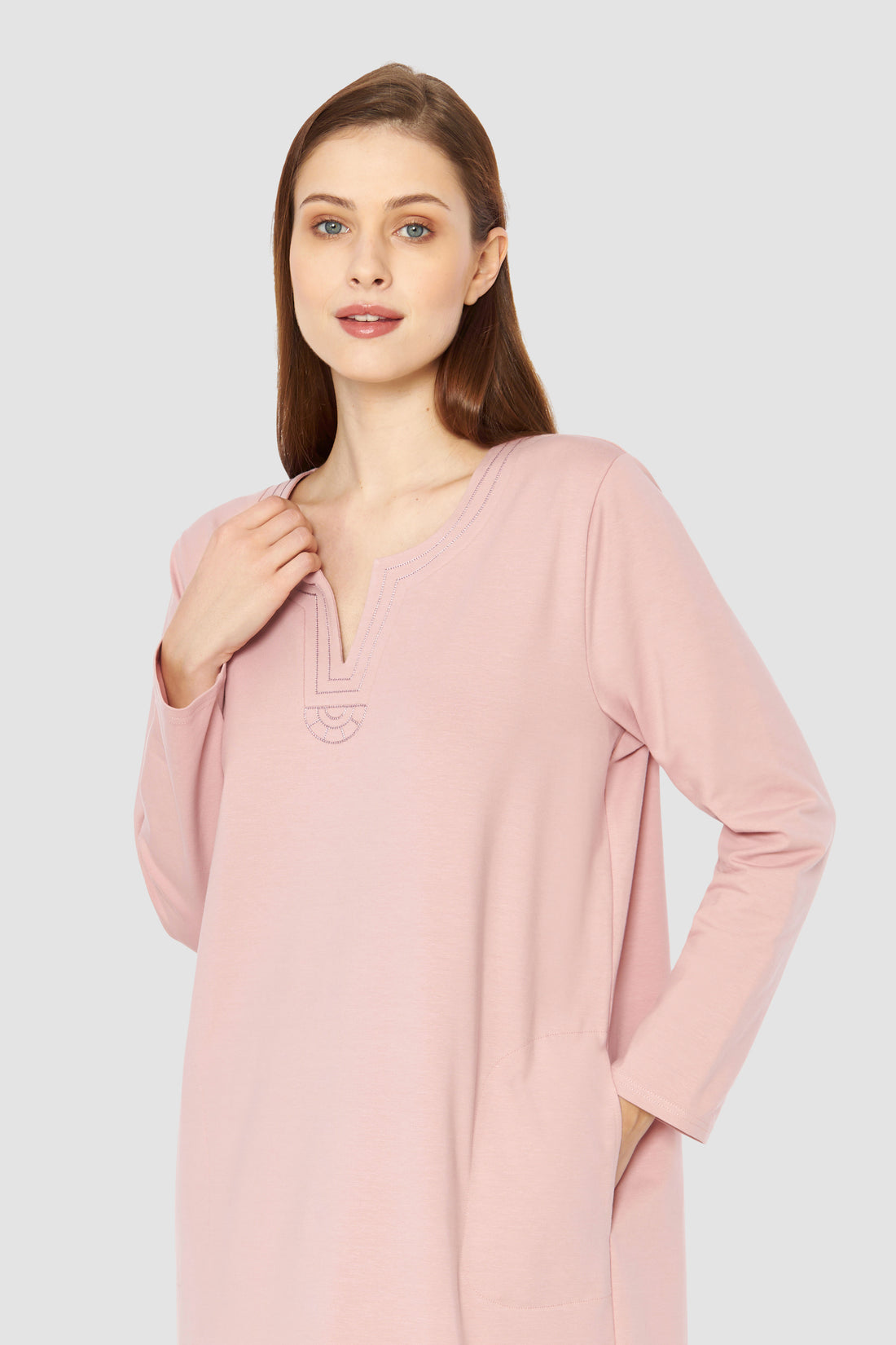 Feraud Night Dress, 1/1 Sleeve, Round Neck, Pockets Half (3231378) Dusty Rose