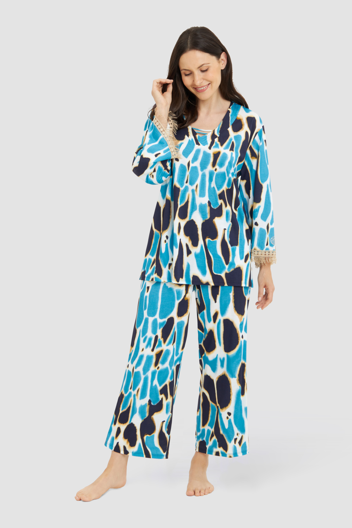 Féraud Pyjamas on model in Leo Couture