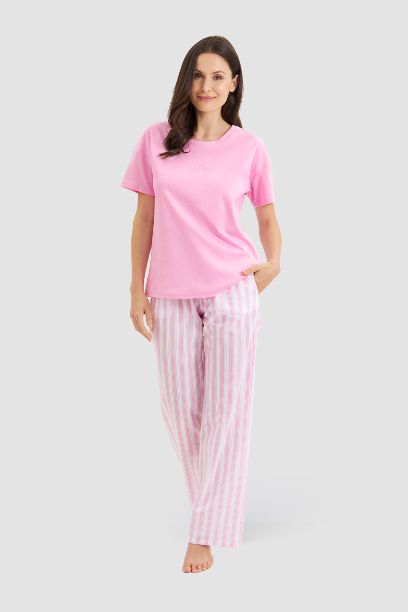 Féraud Lounge Pants on model in Rose Stripe