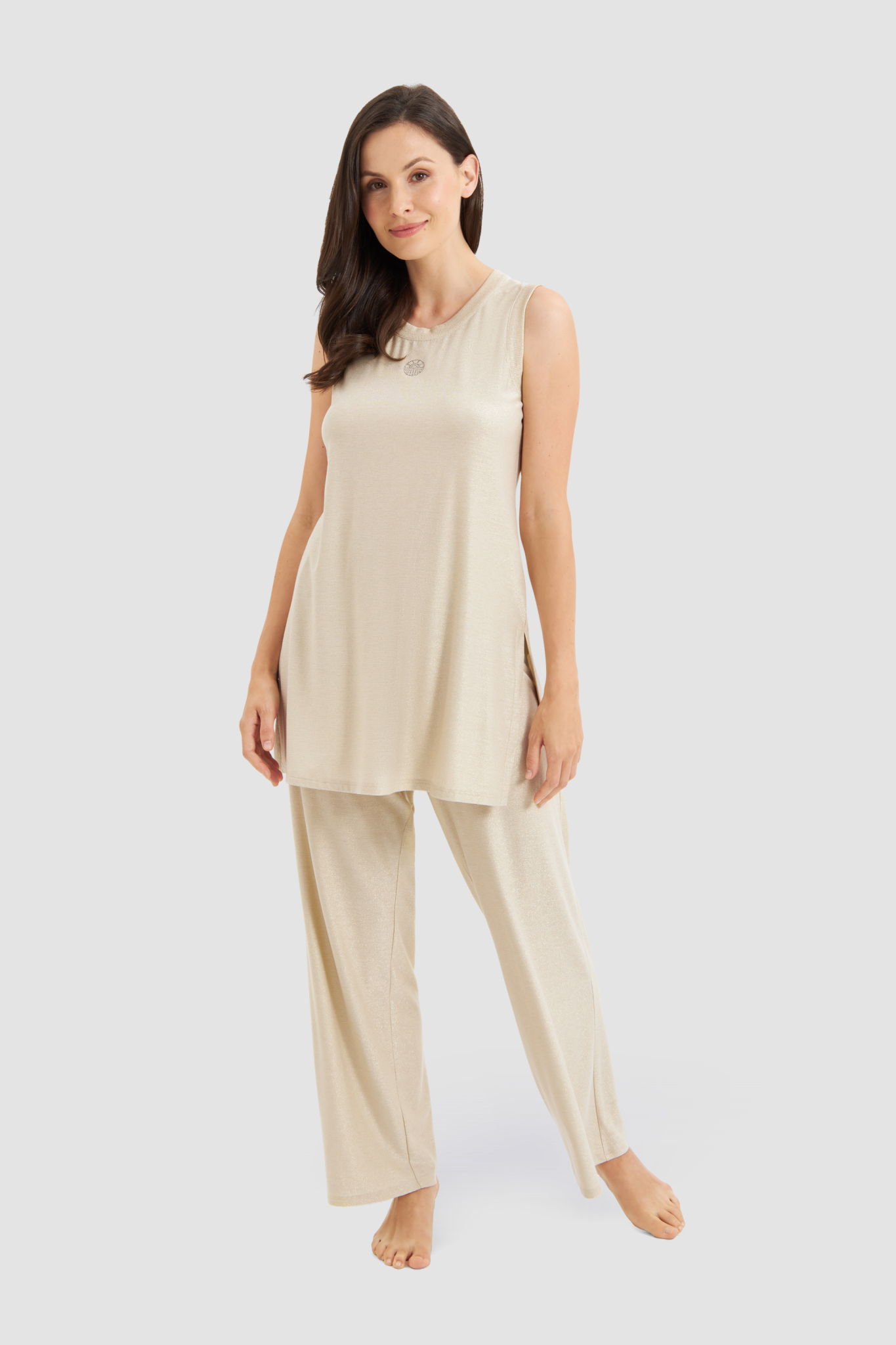 Féraud Pyjamas on model in Shine Gold