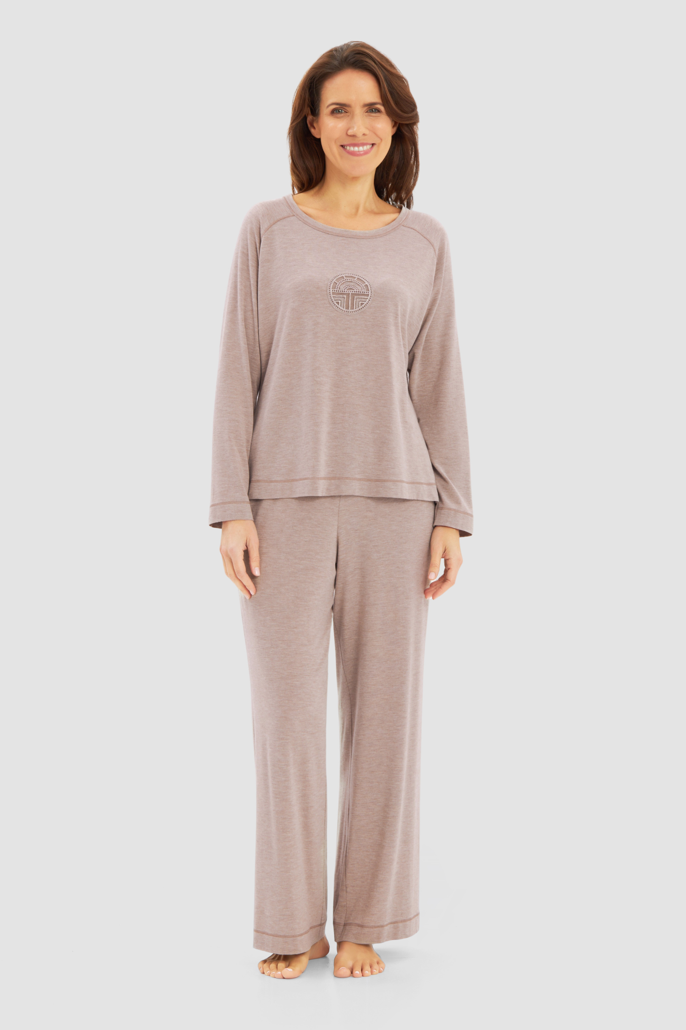 Féraud Pyjamas on model in Heather Sand