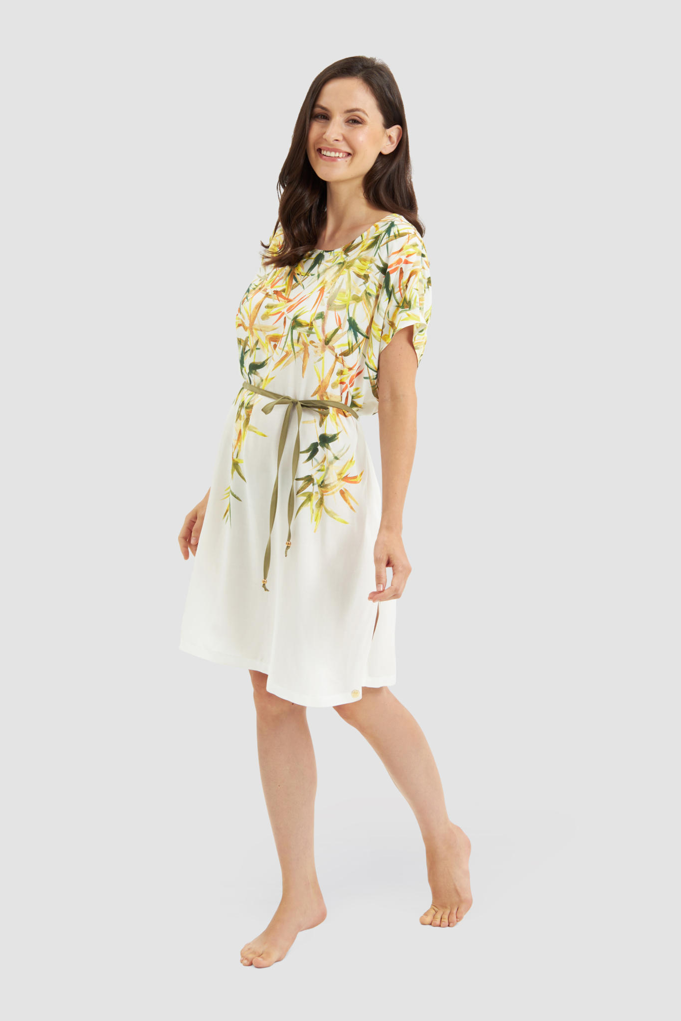Féraud Beach Dress on model in Green Leaves
