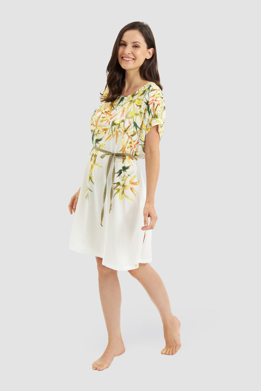 Féraud Beach Dress on model in Green Leaves