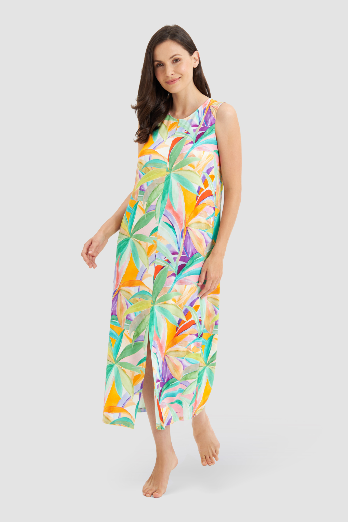 Féraud Beach Dress on model in Multicolor Leaves