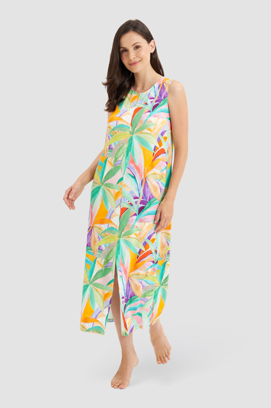 Féraud Beach Dress on model in Multicolor Leaves