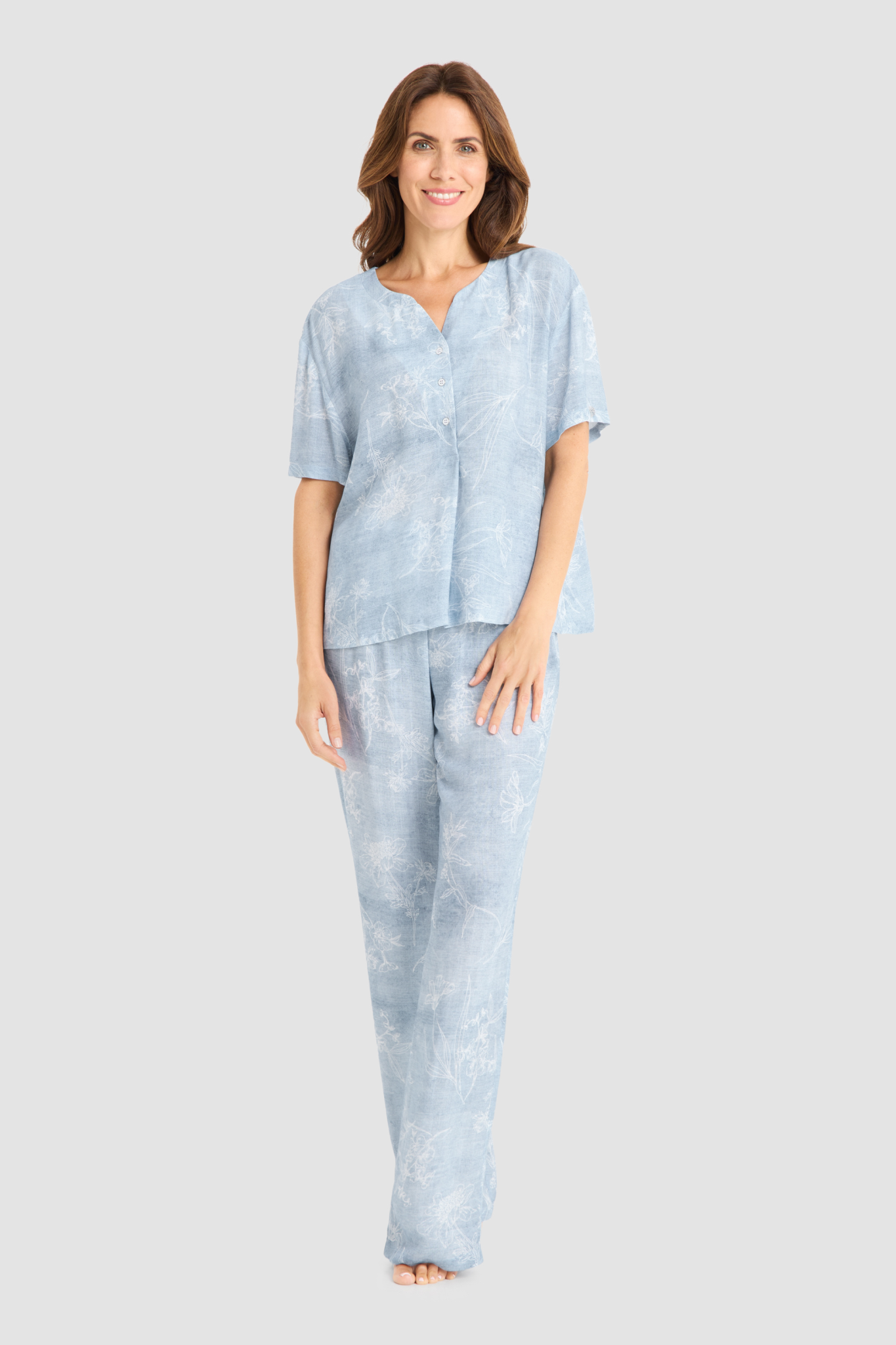 Féraud Pyjamas on model in Denim Flowers