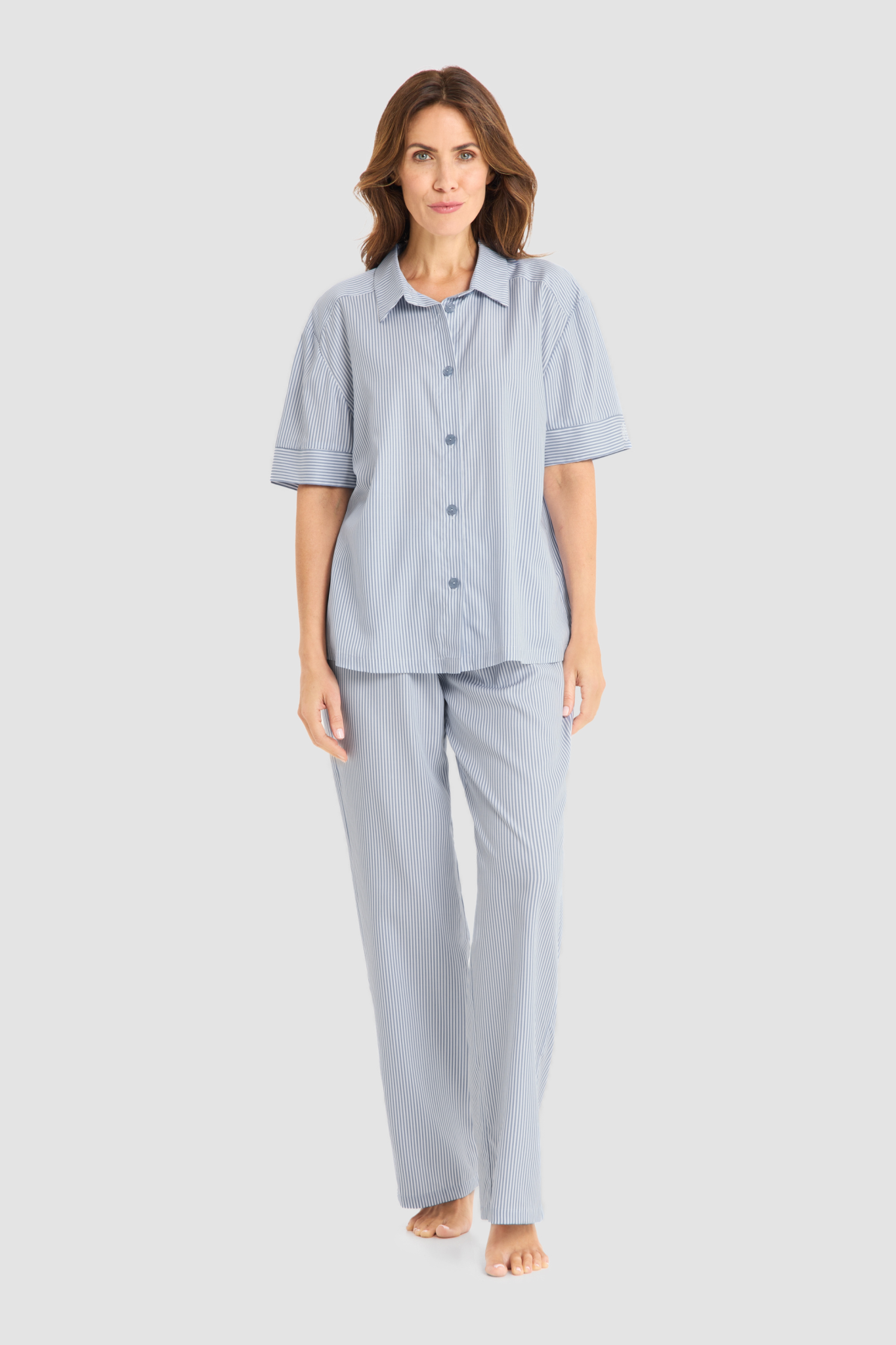 Féraud Pyjamas on model in Stripe Blue