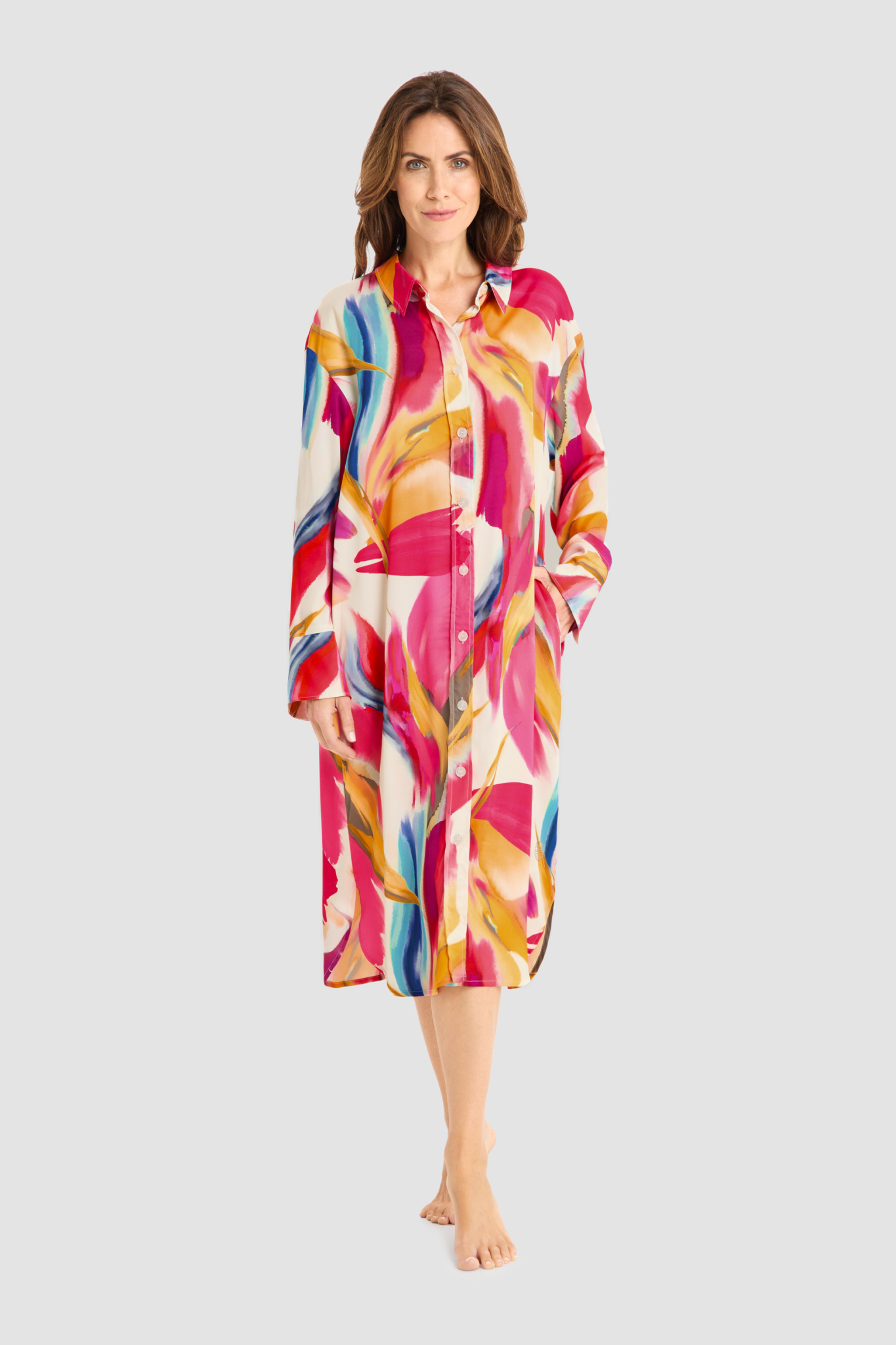 Féraud Beach Dress on model in Pink Flowers
