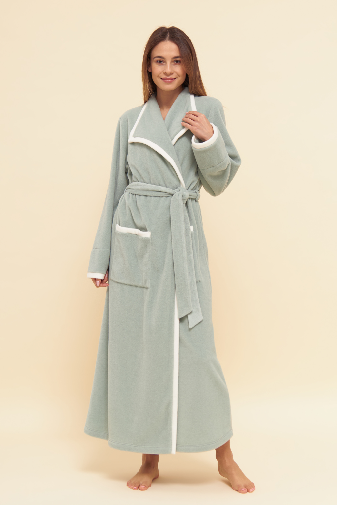 Féraud Robe on model in Milky Green