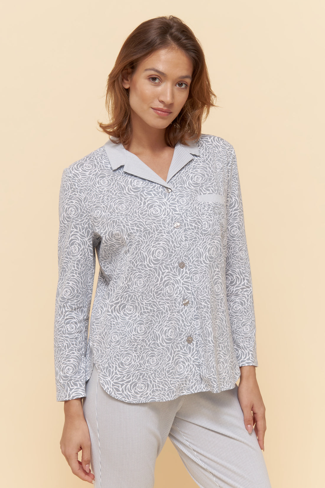 Feraud Pajama, 1/1 Sleeve, Pants 1/1, Button Throug (3884176) Flower Grey