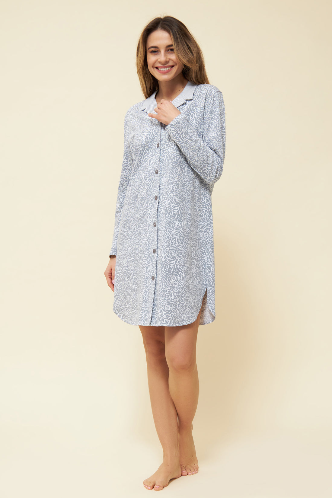 Feraud Night Dress, 1/1 Sleeve, Button Through, Lapel Co (3884177) Flower Grey