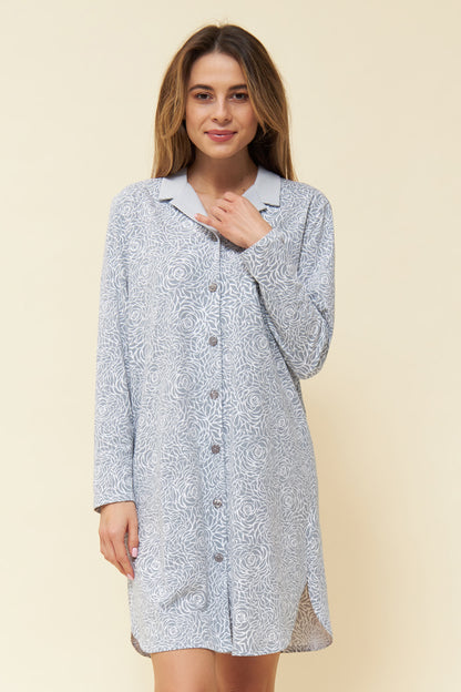Feraud Night Dress, 1/1 Sleeve, Button Through, Lapel Co (3884177) Flower Grey