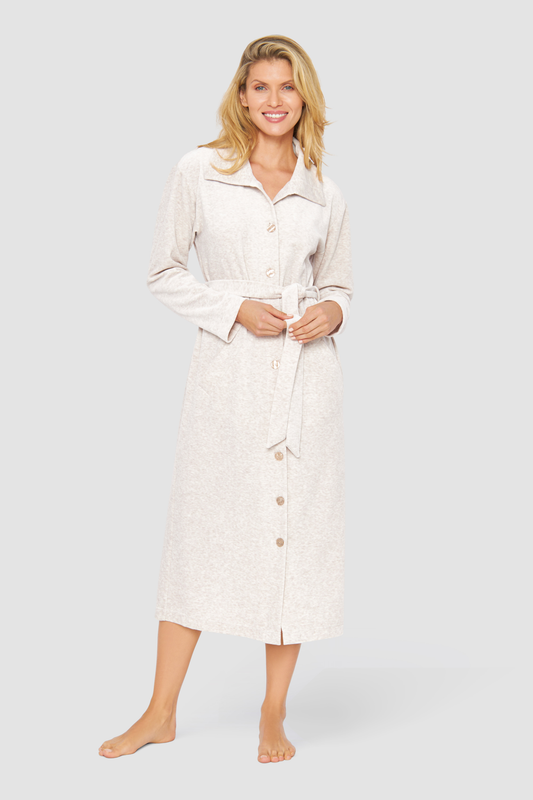Féraud Robe on model in Heather Sand