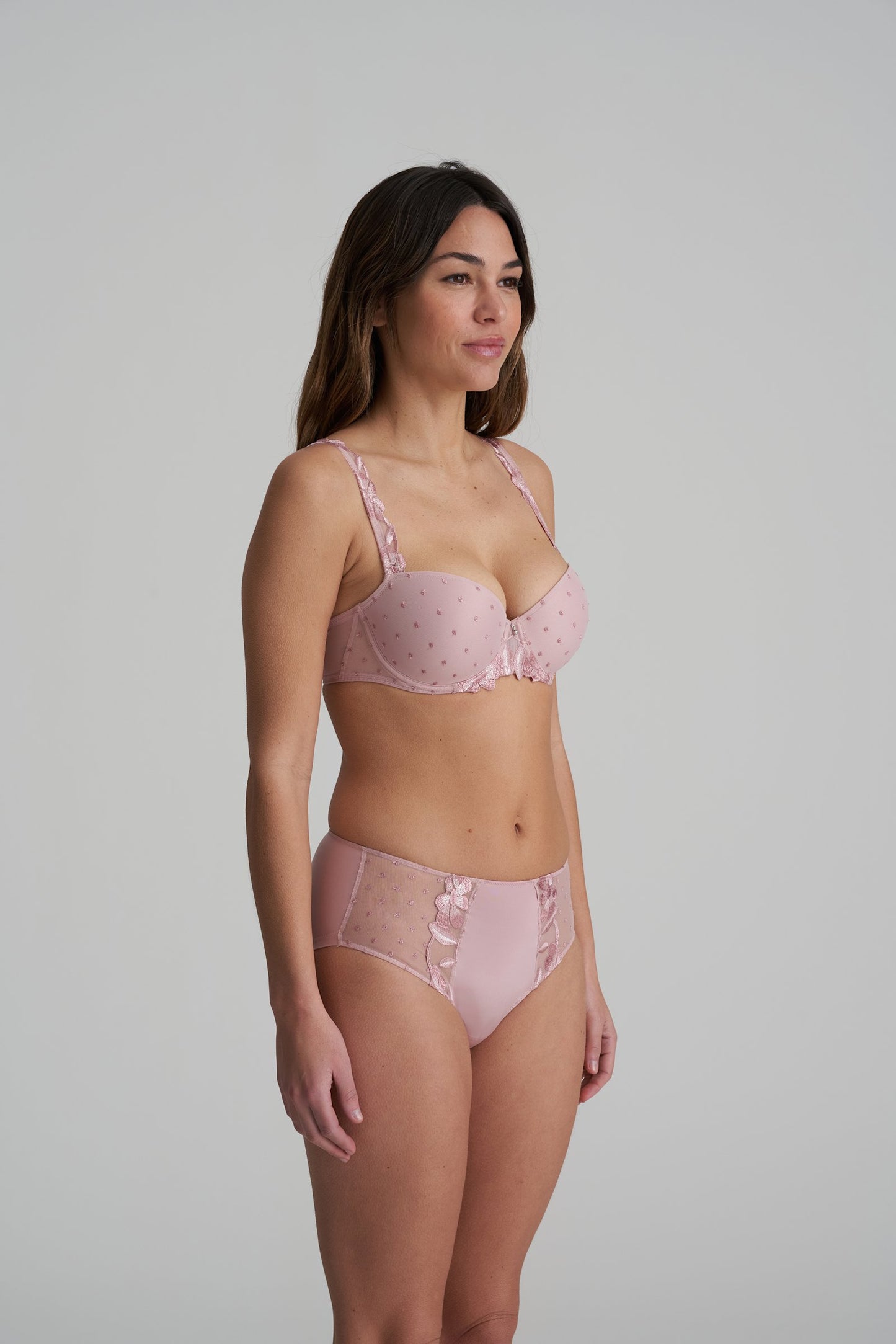 Marie Jo Agnes Padded Balcony Bra styled on model in Vintage Pink