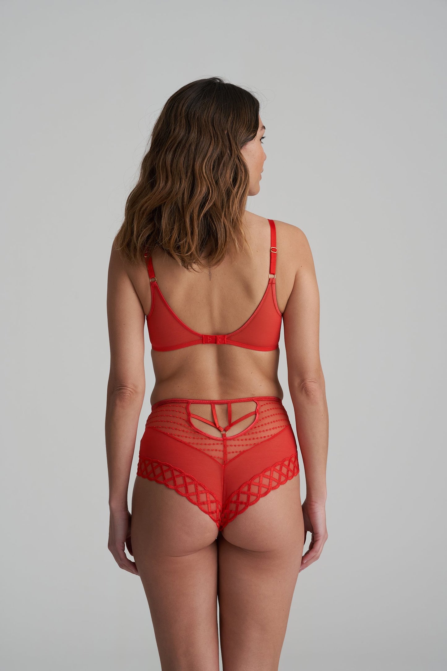 Marie Jo Jhana Balcony Bra styled on model in Fiesta Red