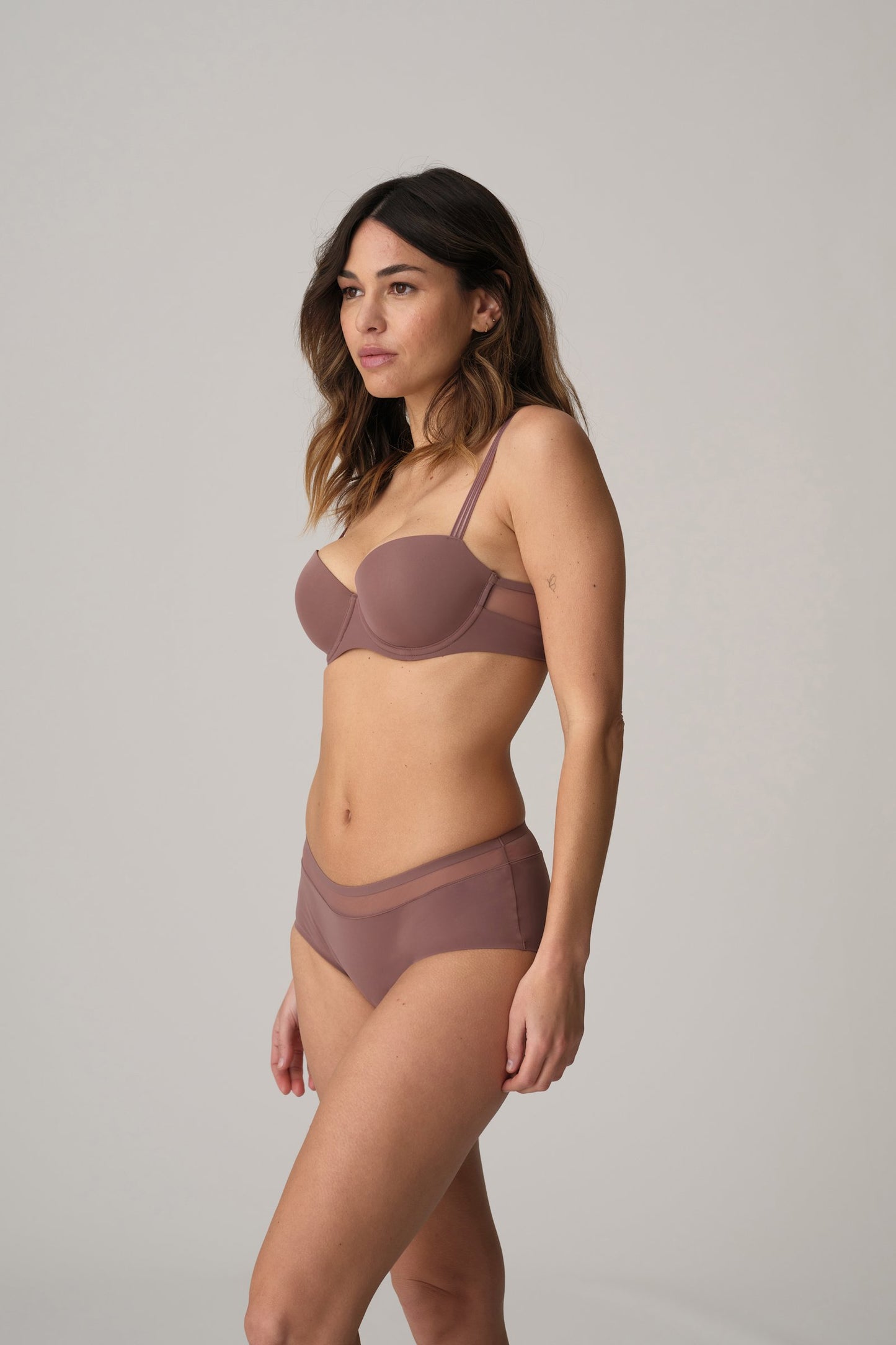 Marie Jo Louie Padded Balcony Bra styled on model in Satin Taupe