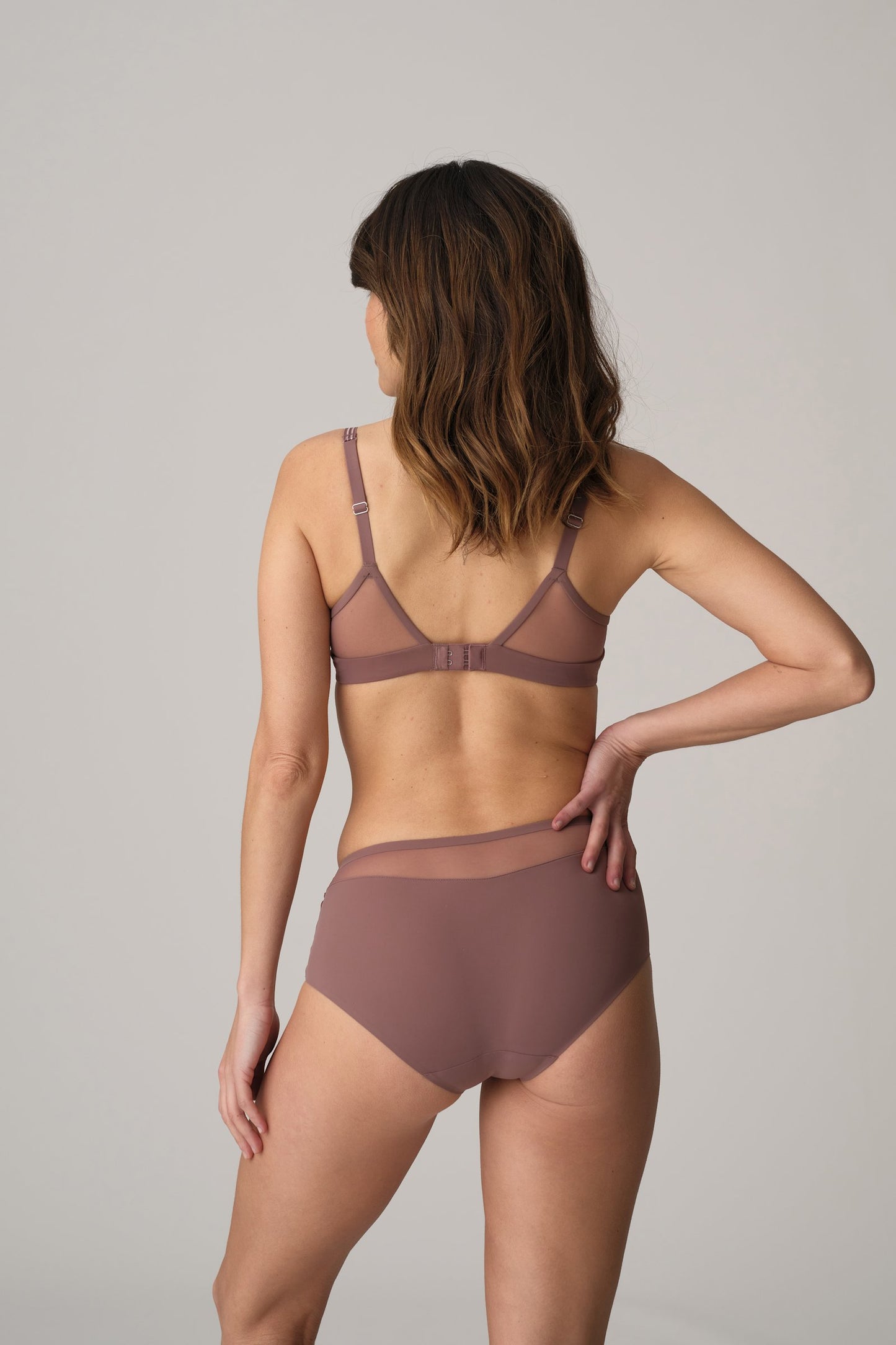 Marie Jo Louie Padded Balcony Bra styled on model in Satin Taupe