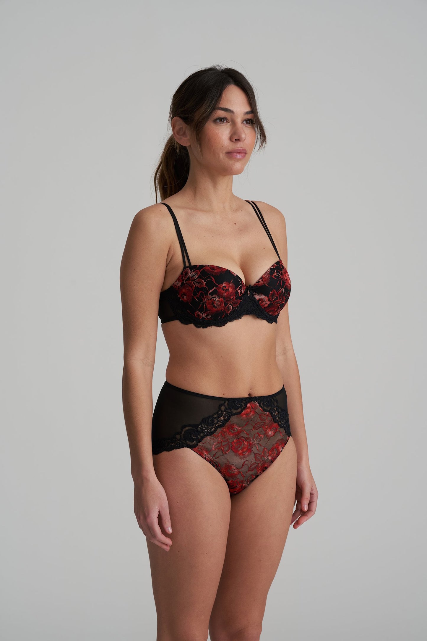Marie Jo Selyna Padded Balcony Bra styled on model in Spicy Red