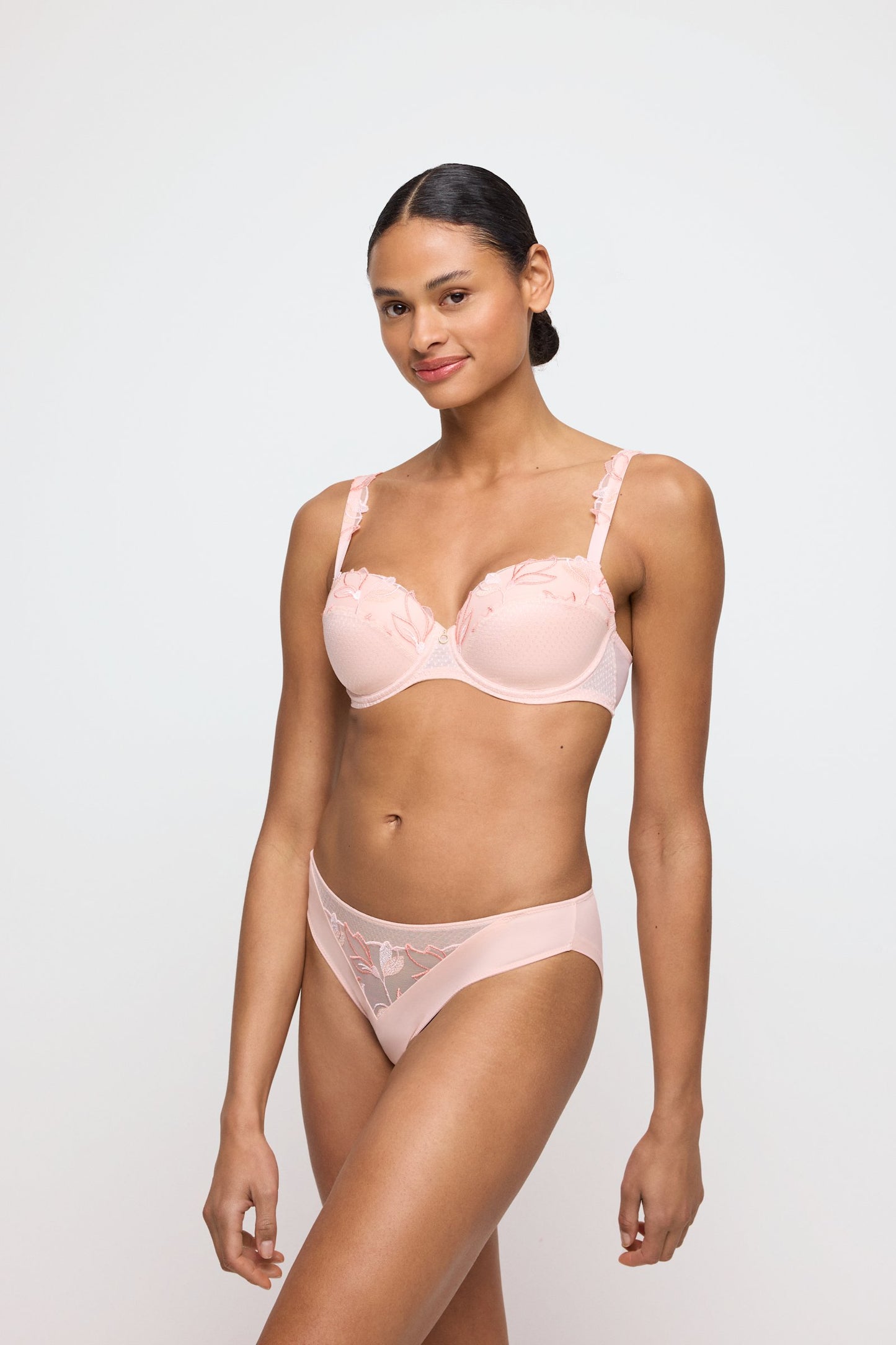 Marie Jo Loish Padded Balcony Bra styled on model in Pearly Pink
