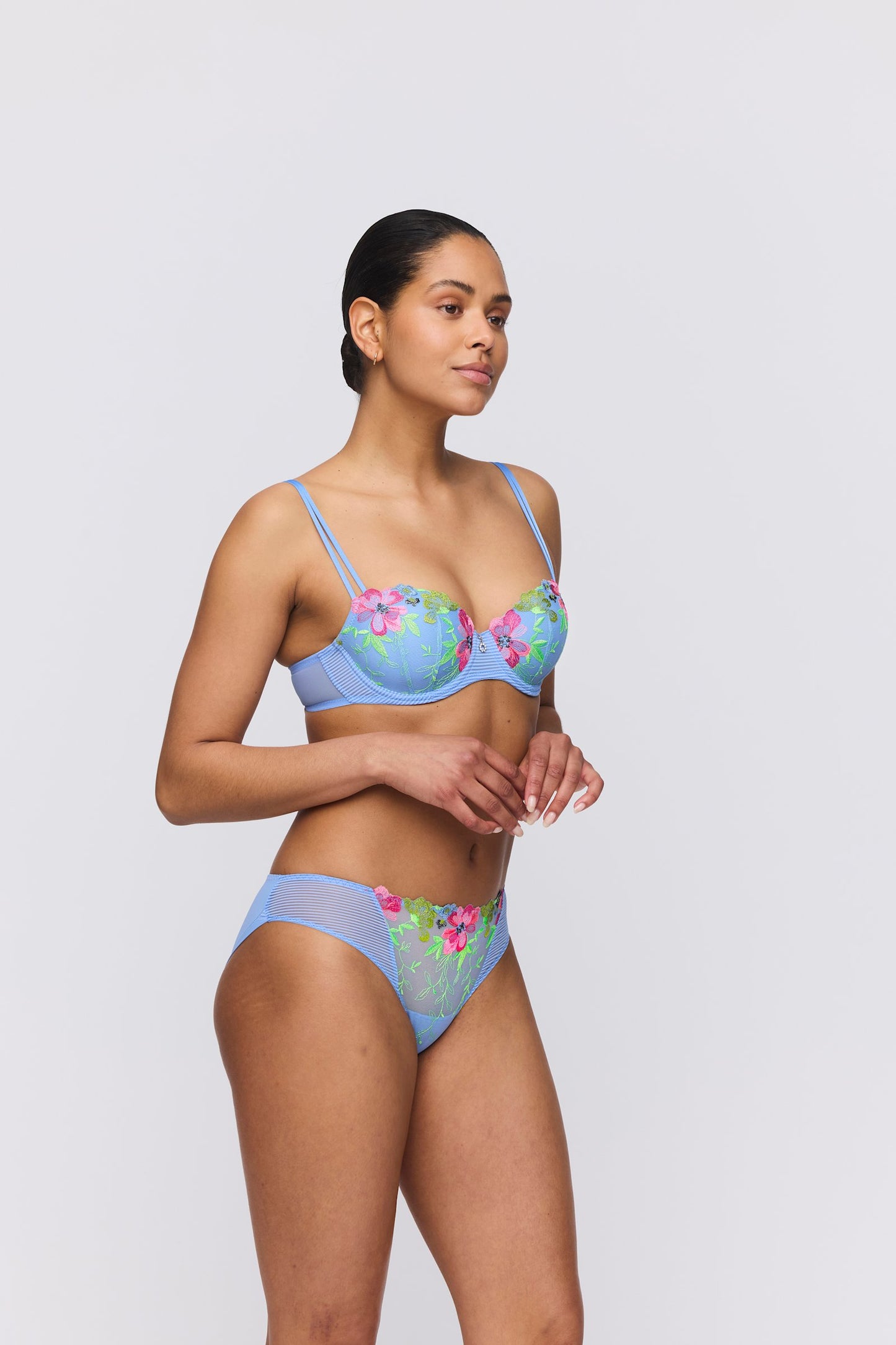 Marie Jo Odilly Padded Balcony Bra styled on model in Santorini Blue