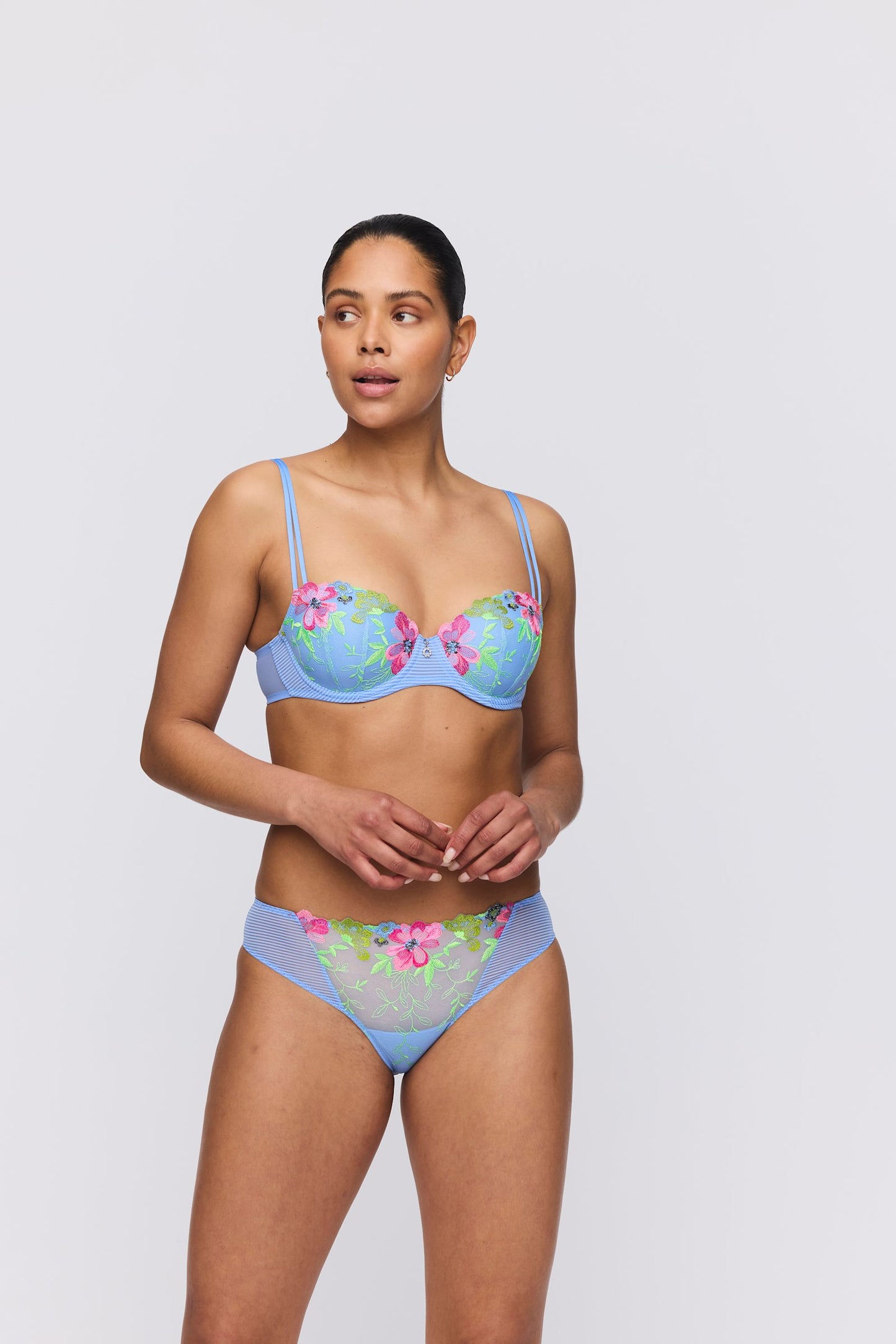 Marie Jo Odilly Padded Balcony Bra styled on model in Santorini Blue
