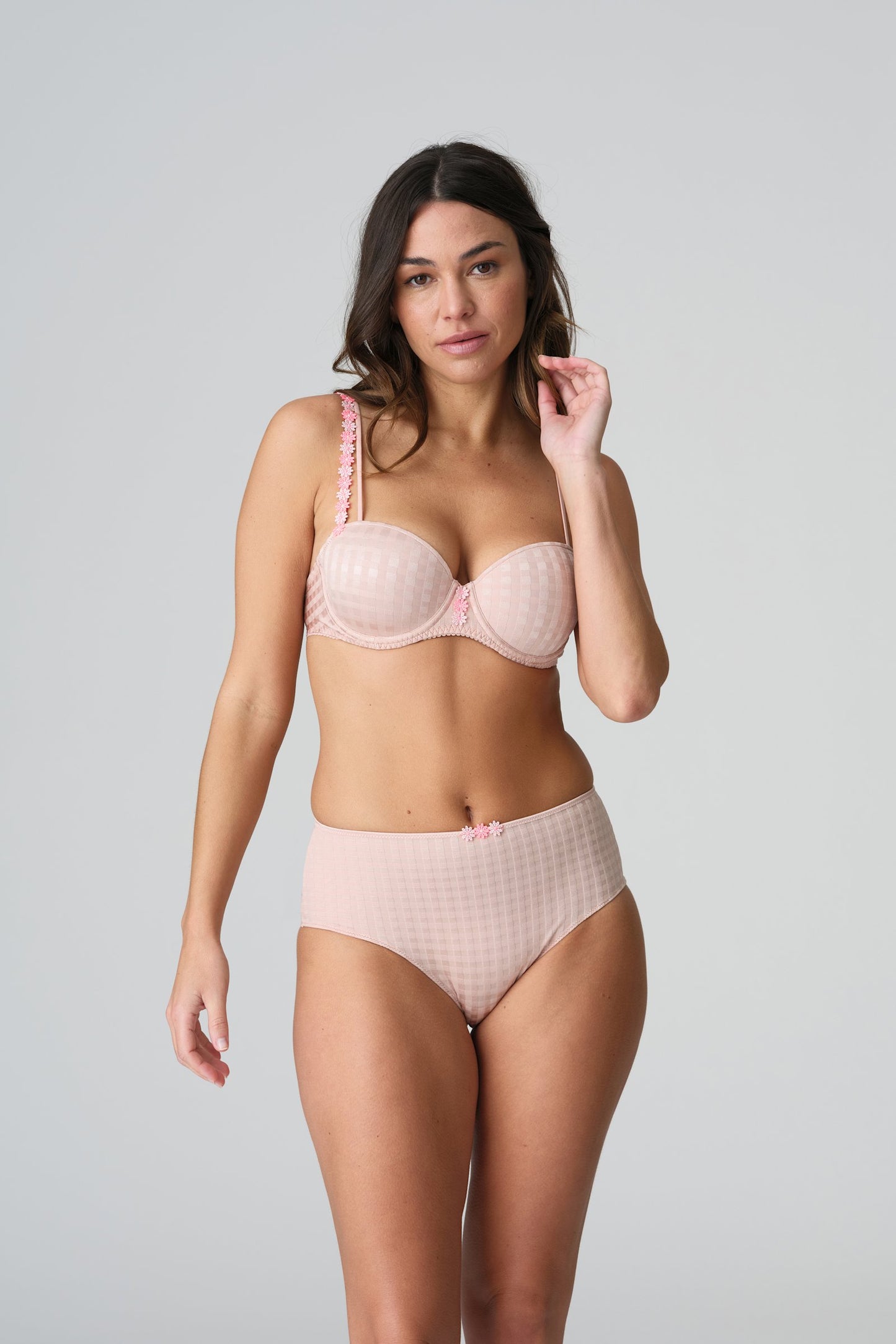 Marie Jo Avero Tiny Padded Balcony Bra styled on model in Powder Rose