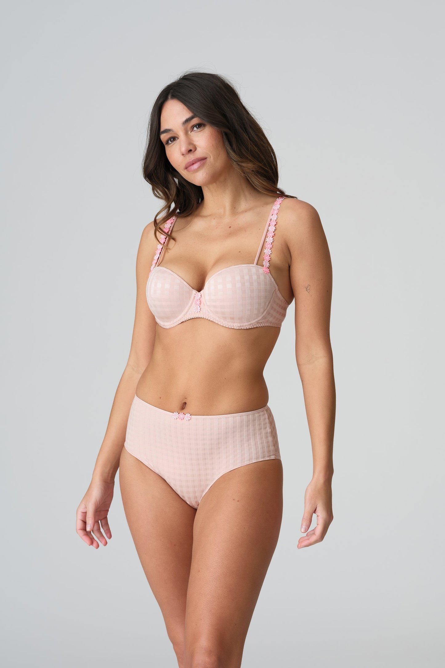 Marie Jo Avero Tiny Padded Balcony Bra styled on model in Powder Rose