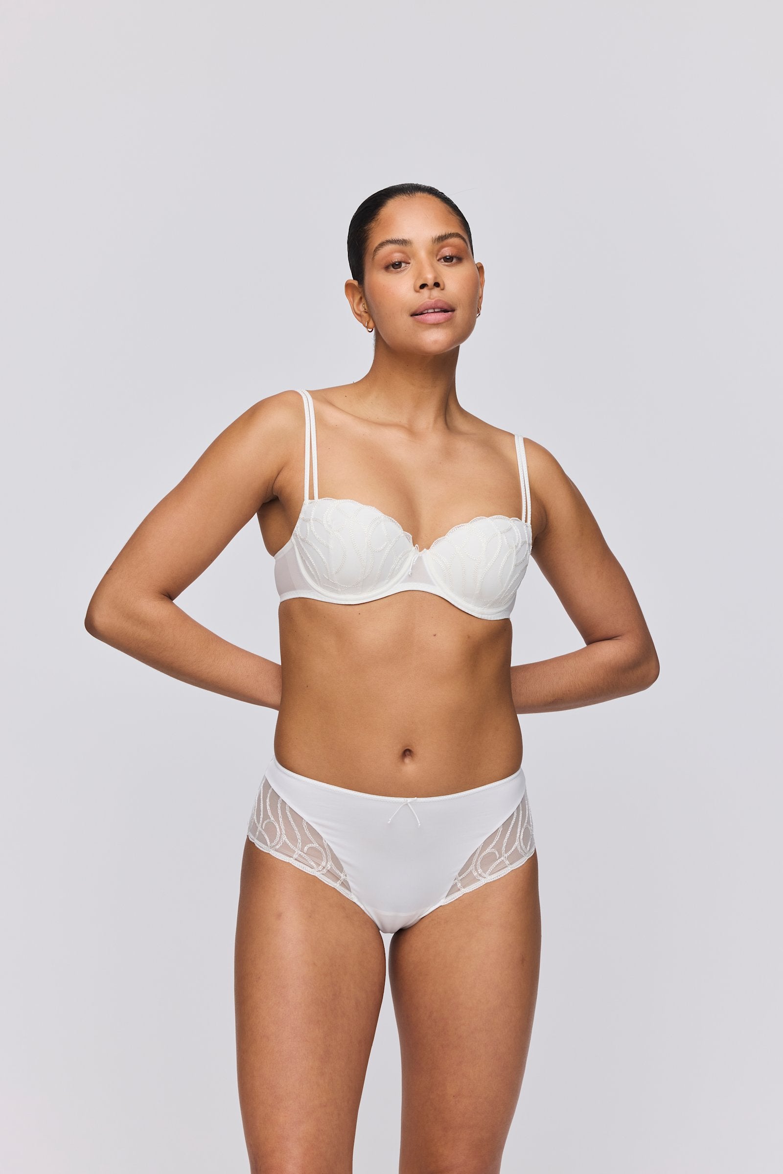 Marie Jo Heleen Padded Balcony Bra styled on model in Natural